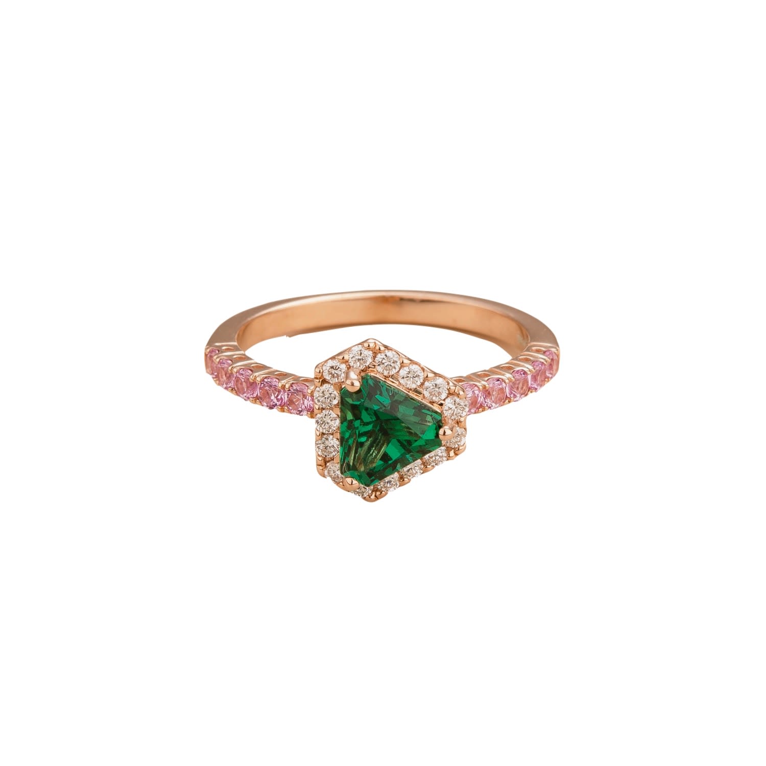Diana Rose Gold Ring Emerald, Diamonds & Pink Sapphires