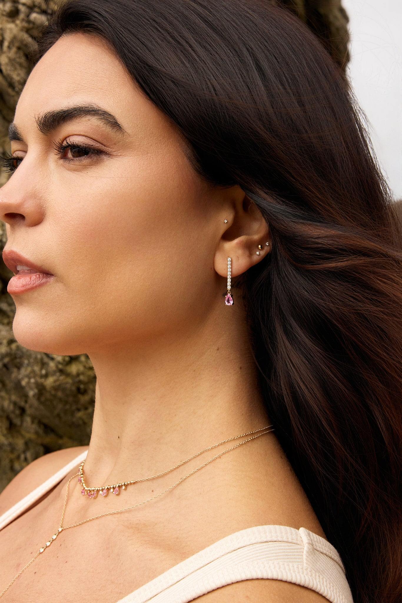 Diamomd & Pink Sapphire Pear Earrings