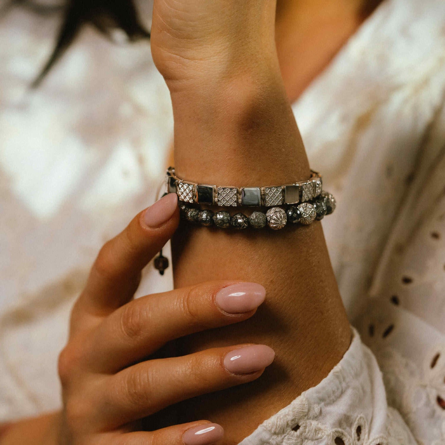 Silver Macrame Bracelet With Light Beige String & White Moissanites