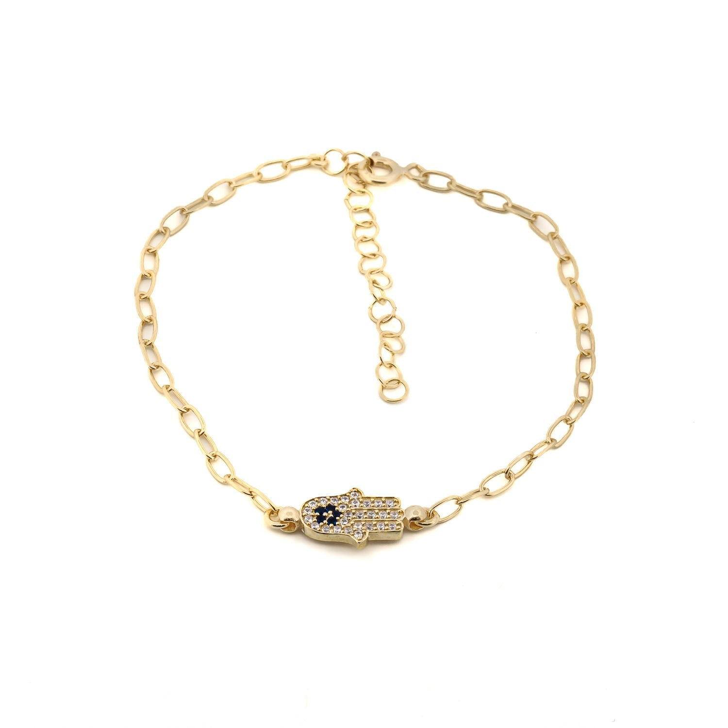 Diamond & Blue Hamsa Hand Link Chain Gold Bracelet - Gold