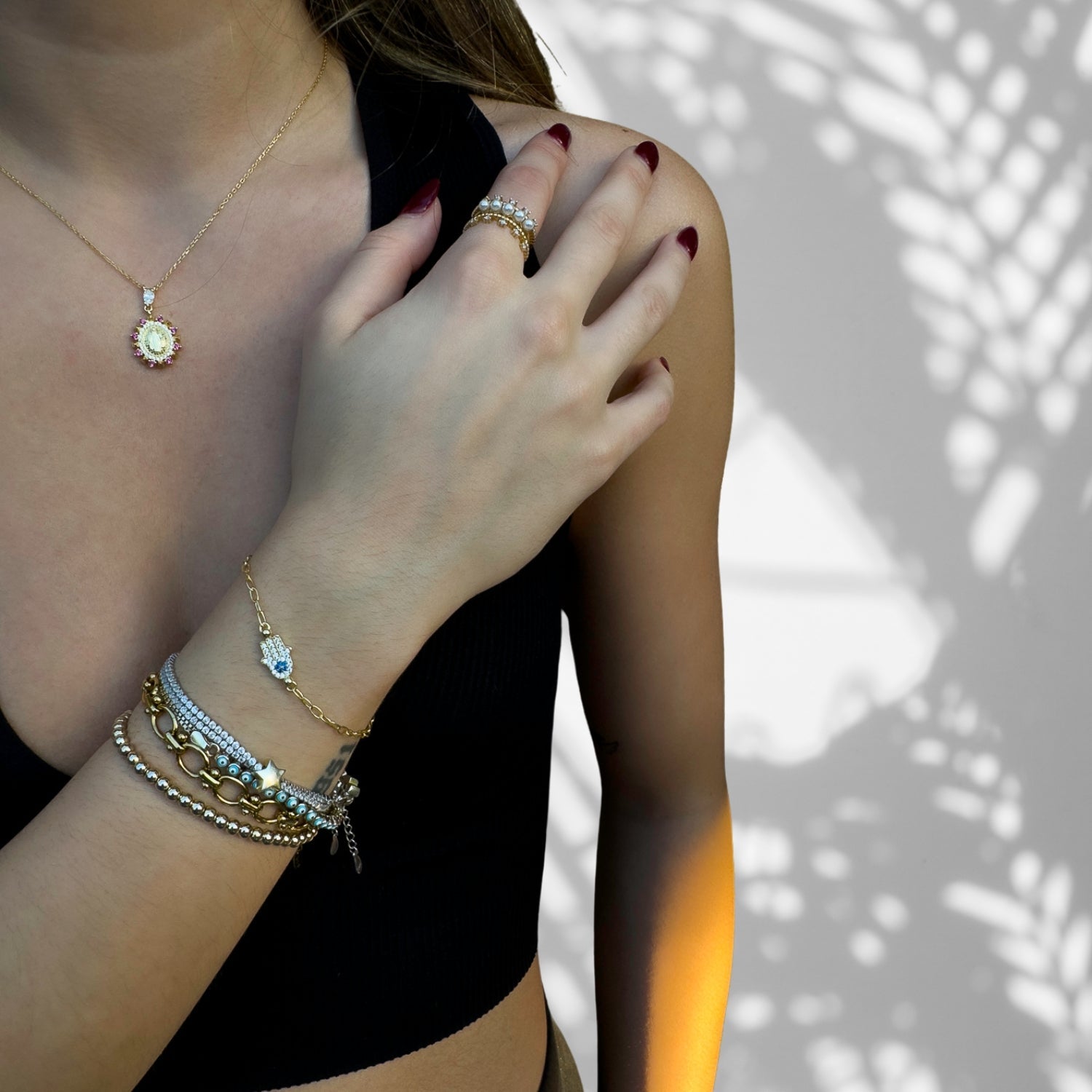 Diamond & Blue Hamsa Hand Link Chain Gold Bracelet - Gold