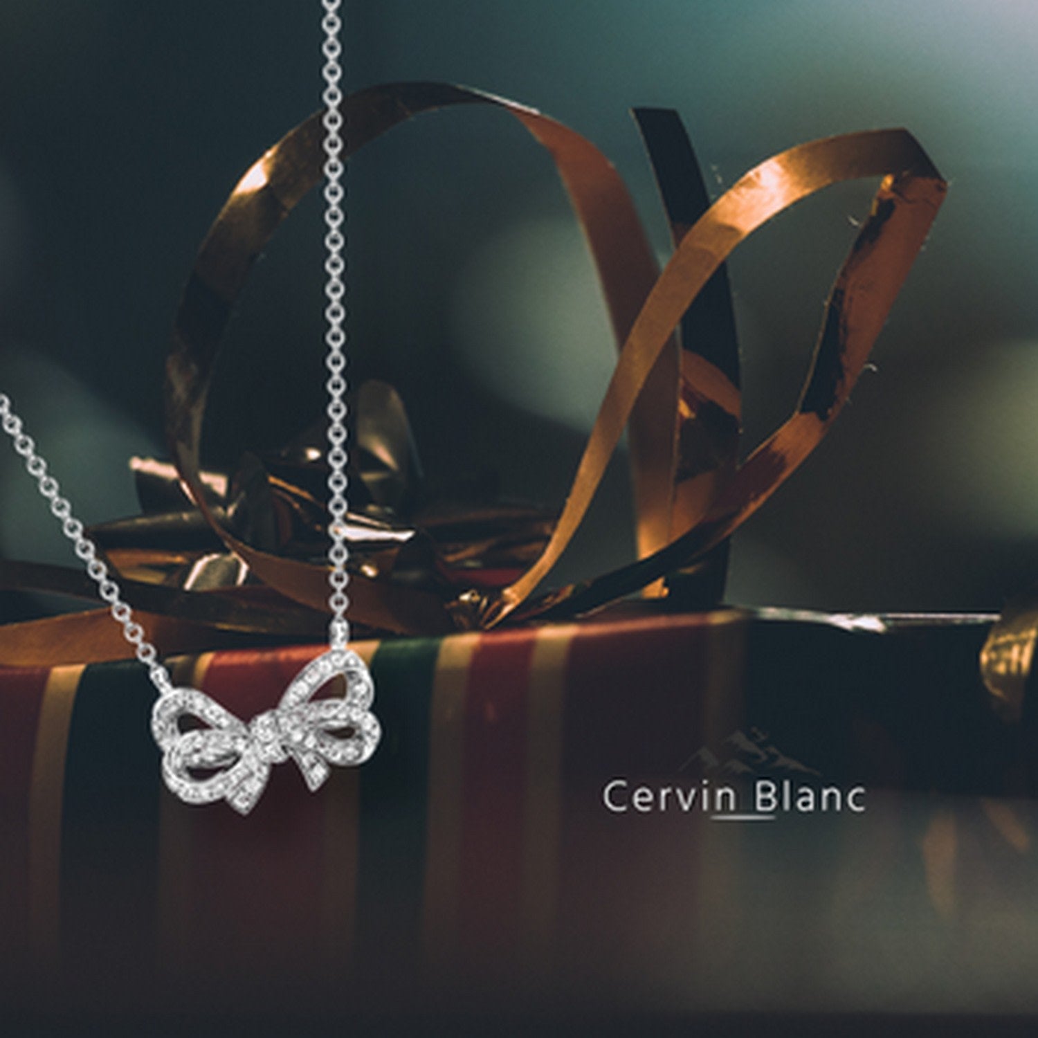 Diamond Bow Ribbon Necklace In White Gold Thirty Points