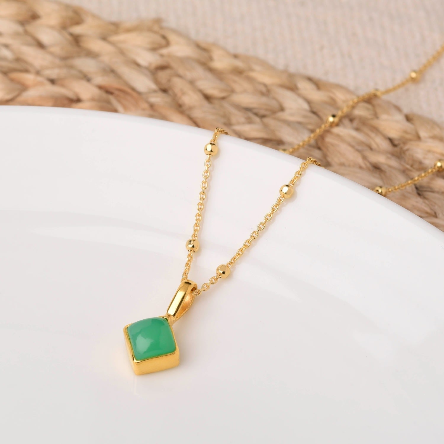 Diamond Chrysoprase Necklace Birthstone May Gold Plated Sterling Silver