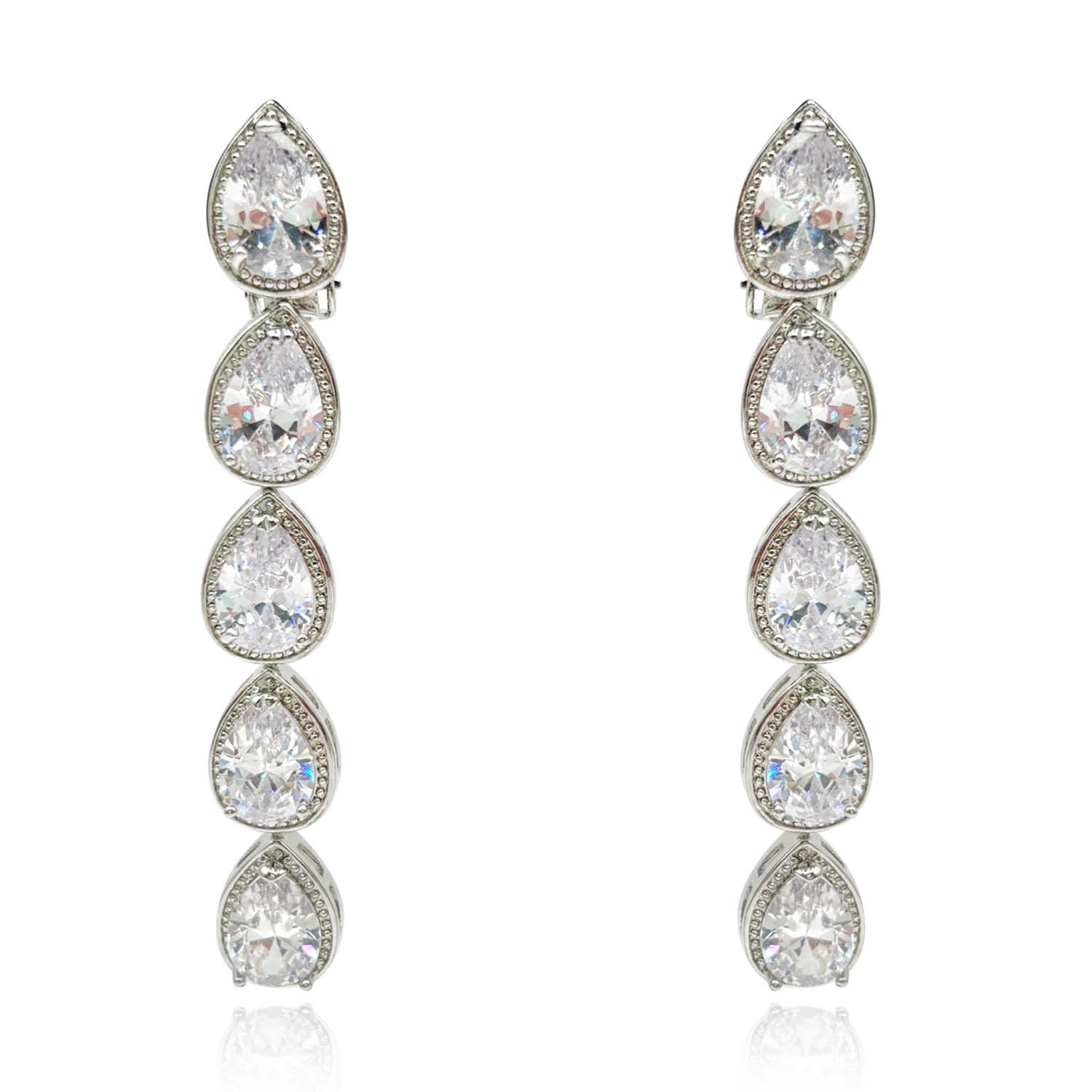 Diamond Cubic Zirconium Hanging Pear Shape Clip On Drop Earrings