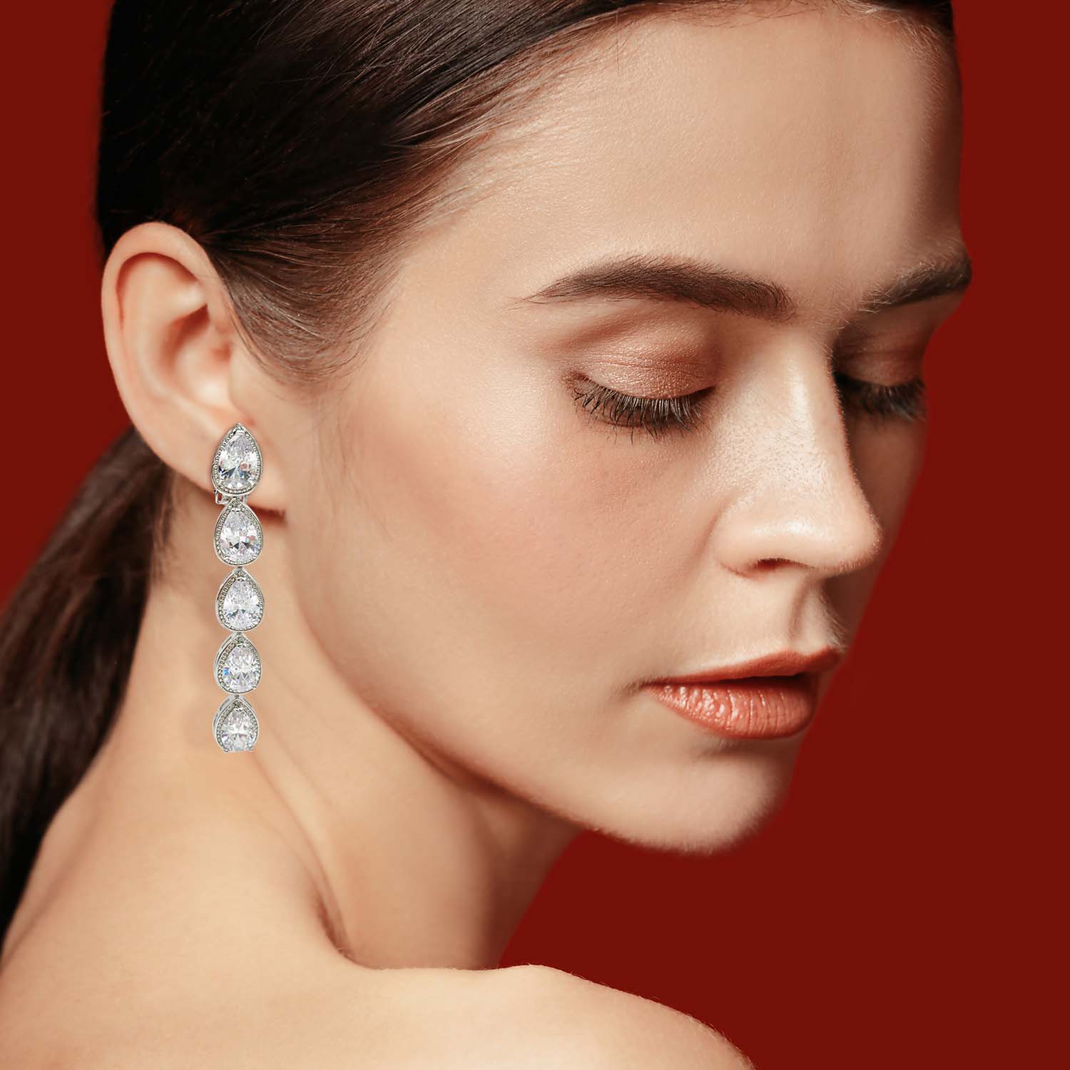 Diamond Cubic Zirconium Hanging Pear Shape Clip On Drop Earrings