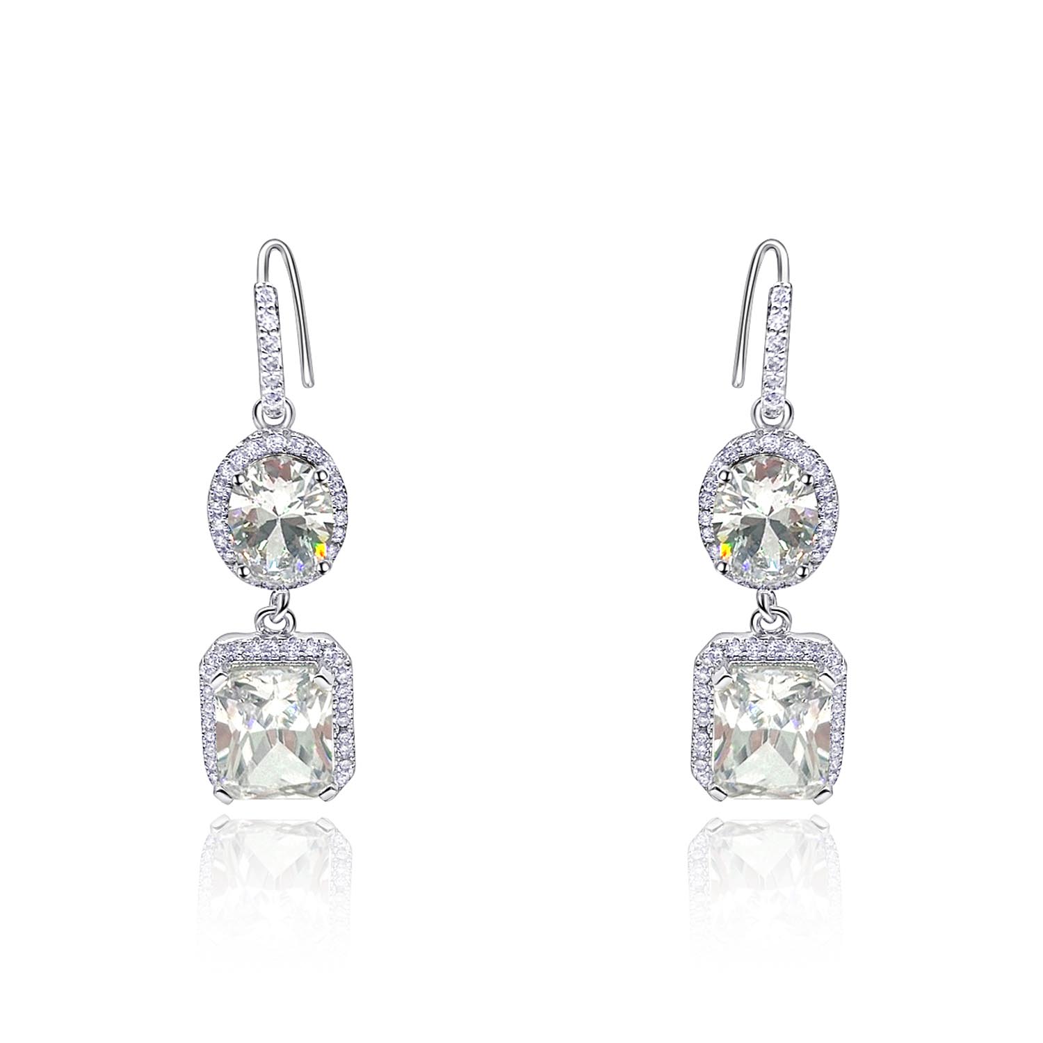 Diamond Cubic Zirconium Oval And Emerald Shape Drop Earrings With Pave Cubic Zirconium Trim