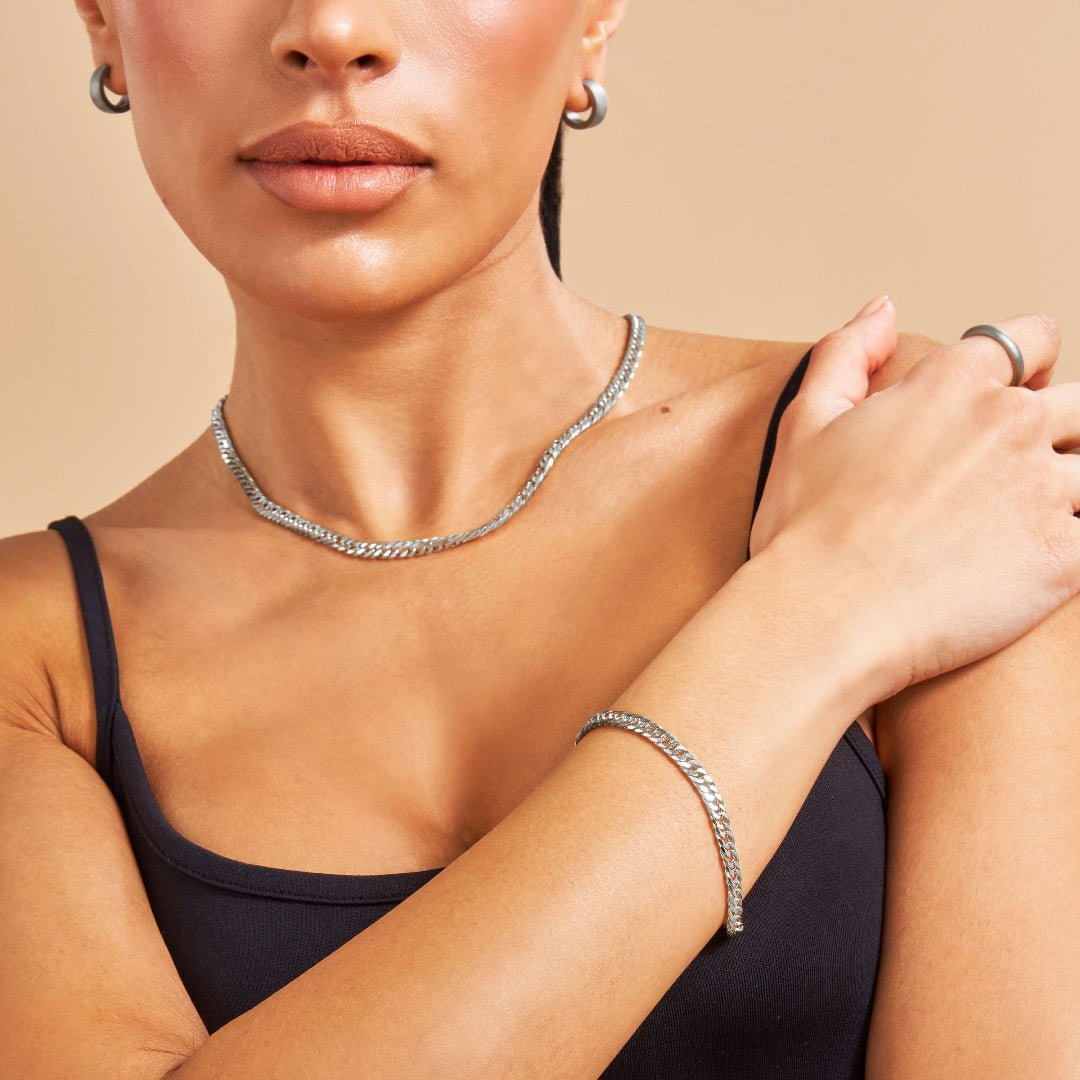 Platinum Diamond Cut Double Curb Chain Bracelet