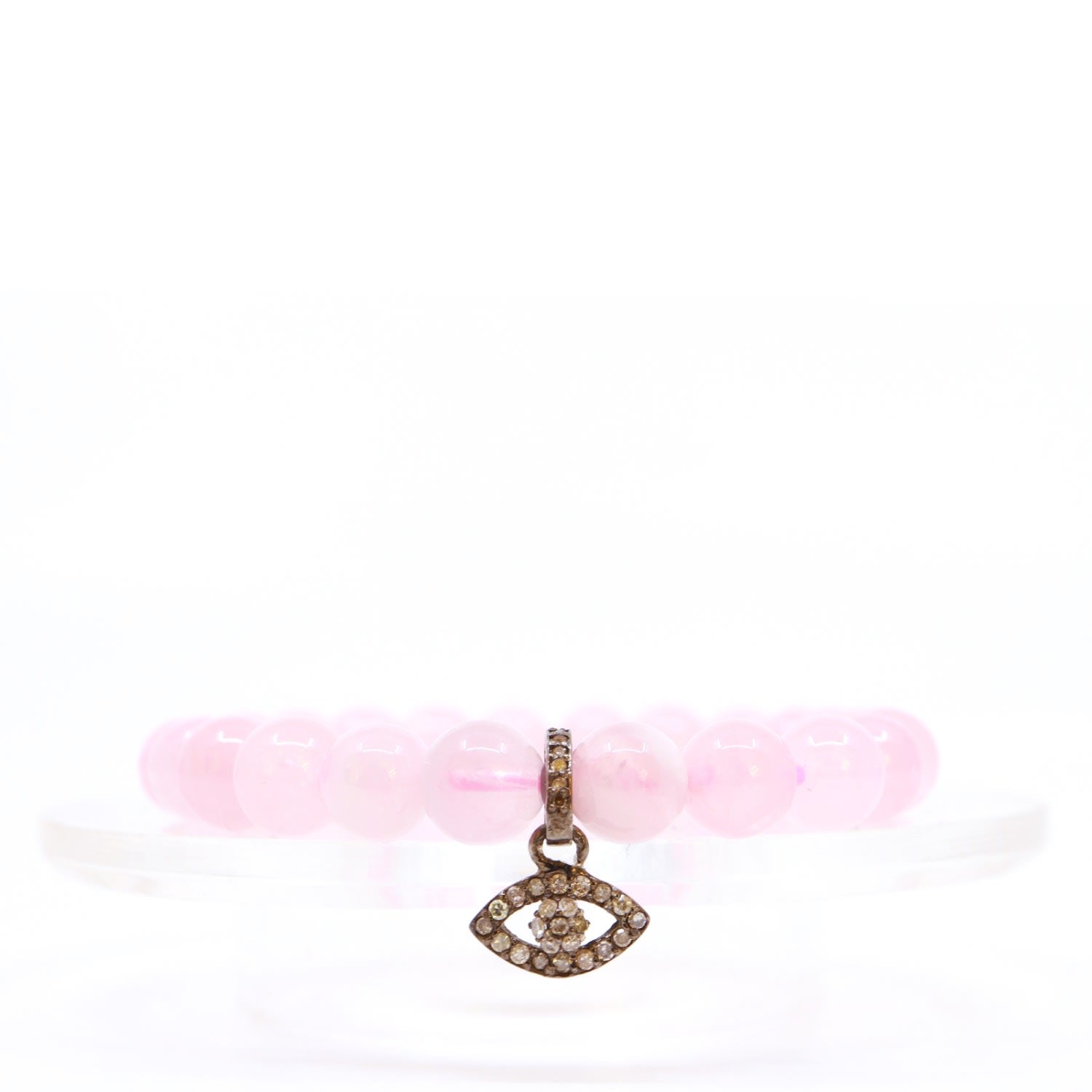 Diamond Evil Eye Charm & Pink Rose Quartz Beaded Bracelet