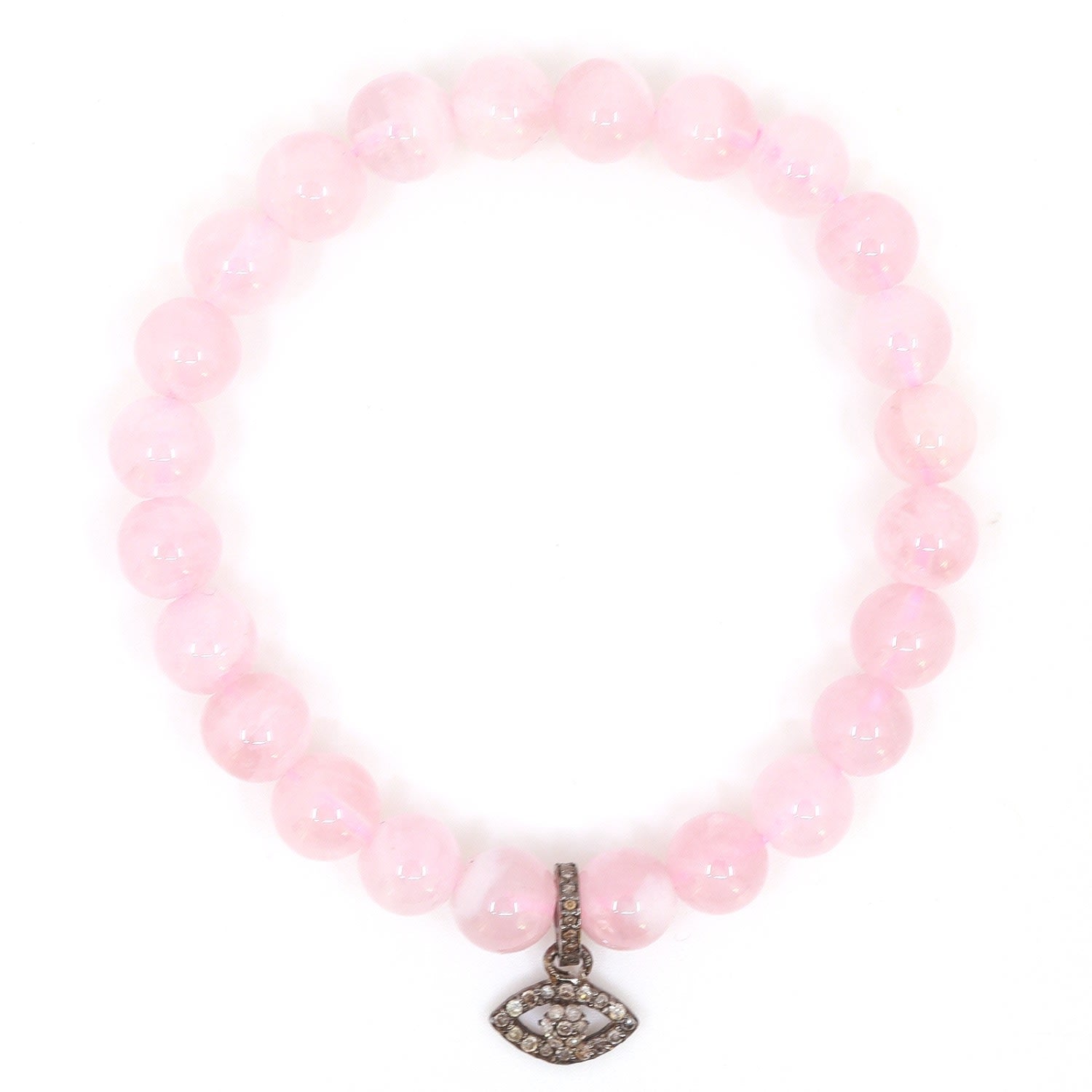 Diamond Evil Eye Charm & Pink Rose Quartz Beaded Bracelet