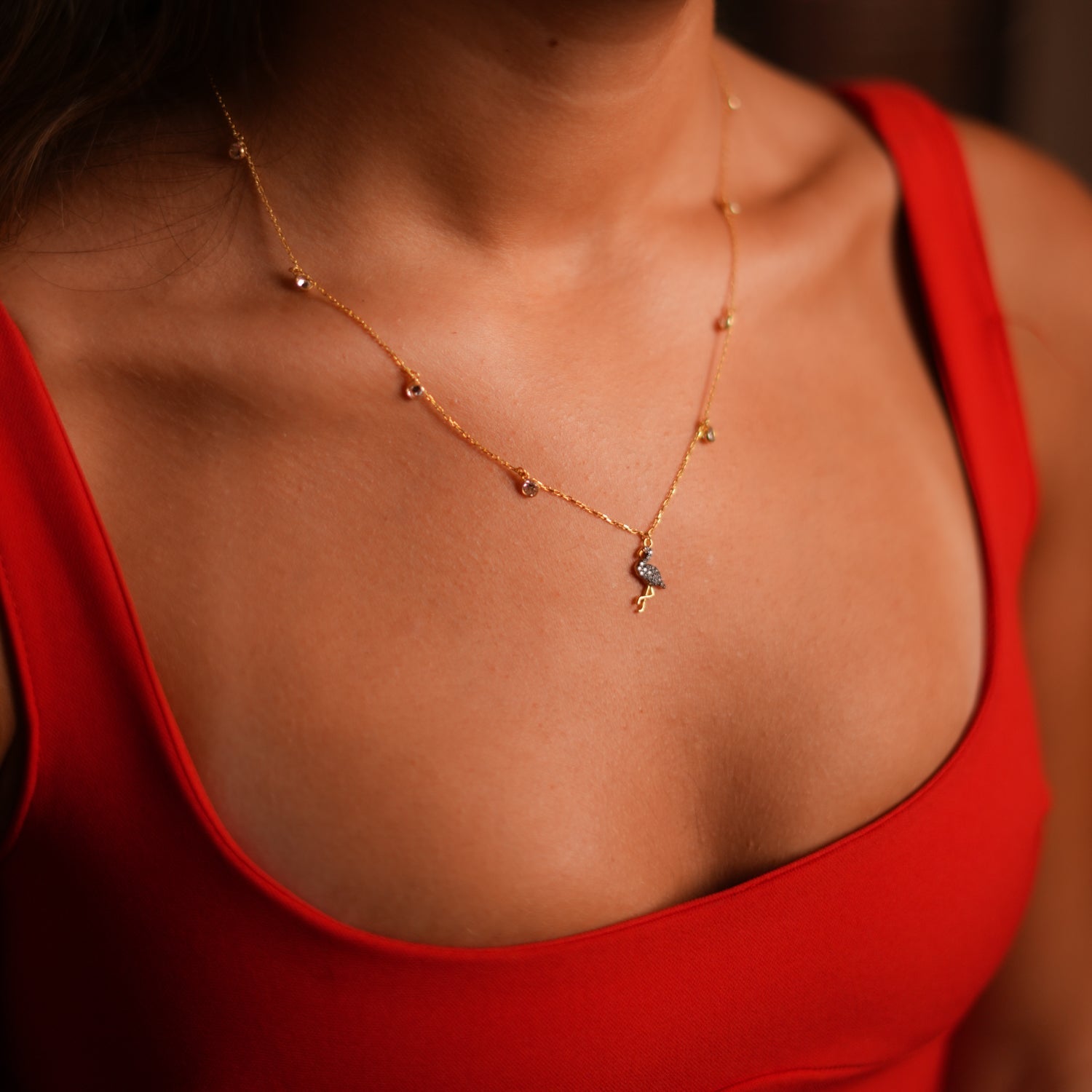 Diamond Flamingo Elegance Gold Chain Necklace - Gold