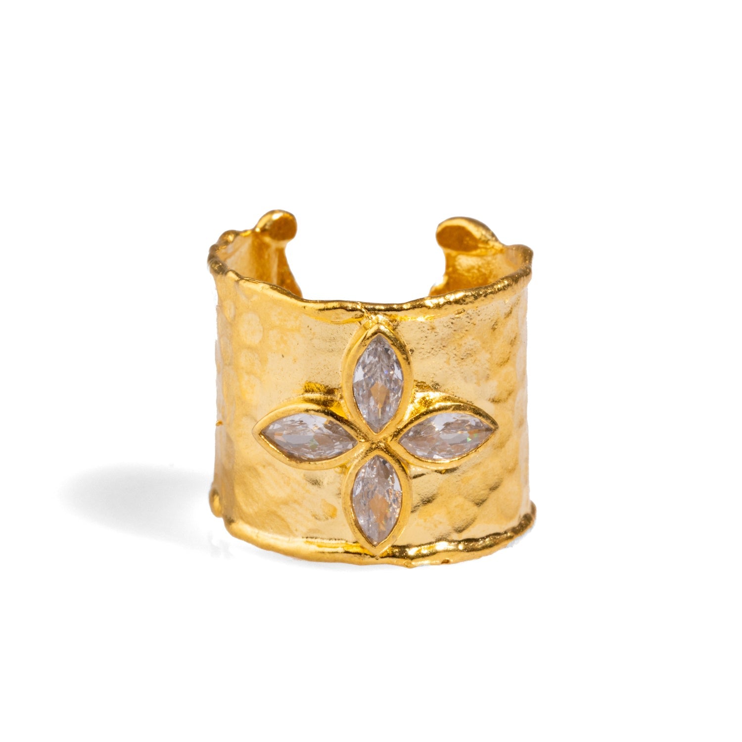 Diamond & Gold Band Floral Chunky Cuff Ring - Gold
