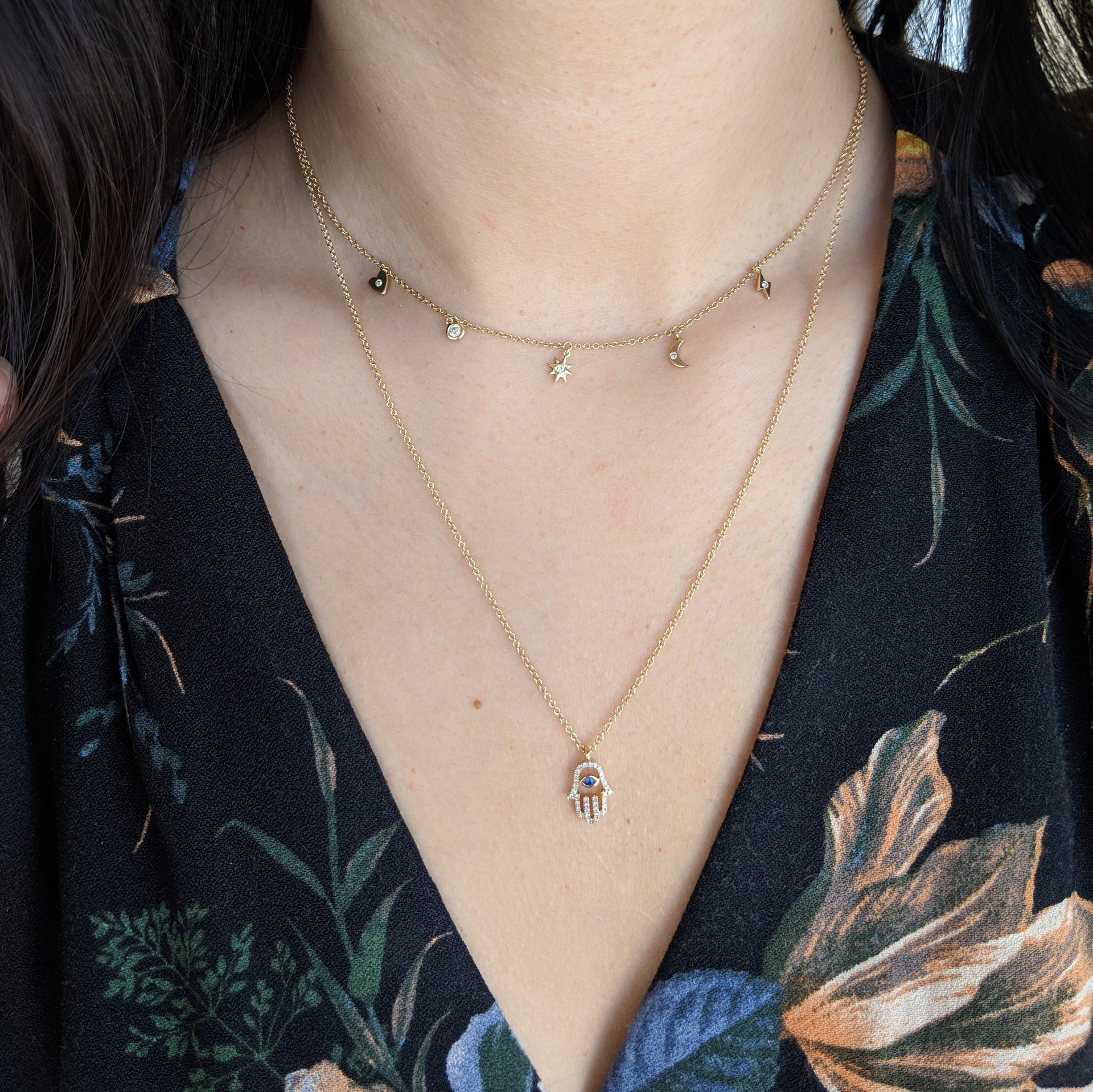 Diamond Hamsa Hand Necklace With Blue Sapphire