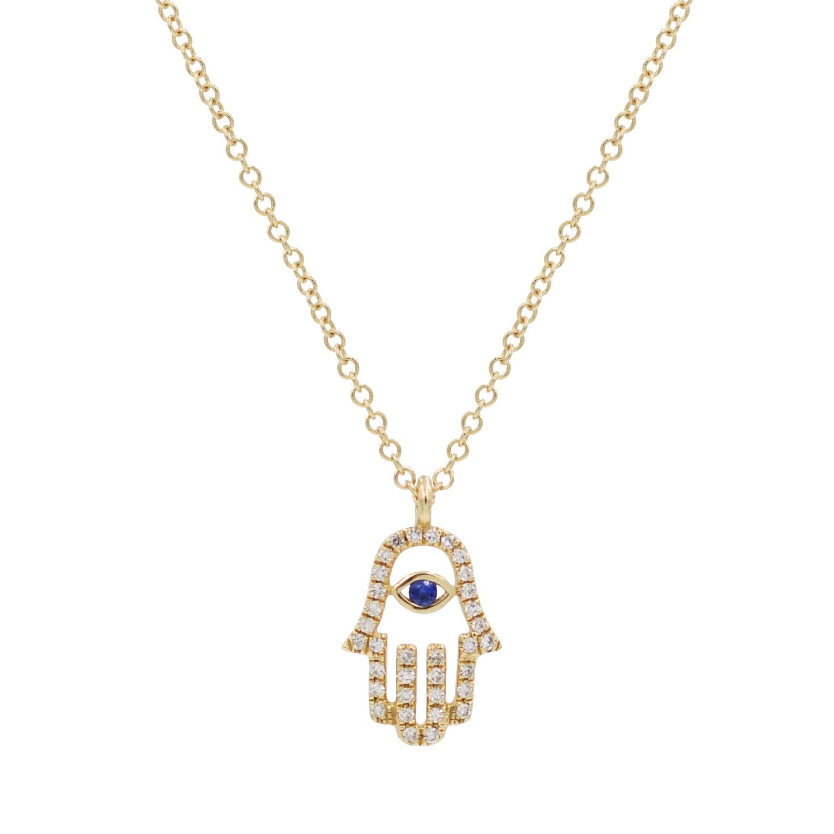 Diamond Hamsa Hand Necklace With Blue Sapphire