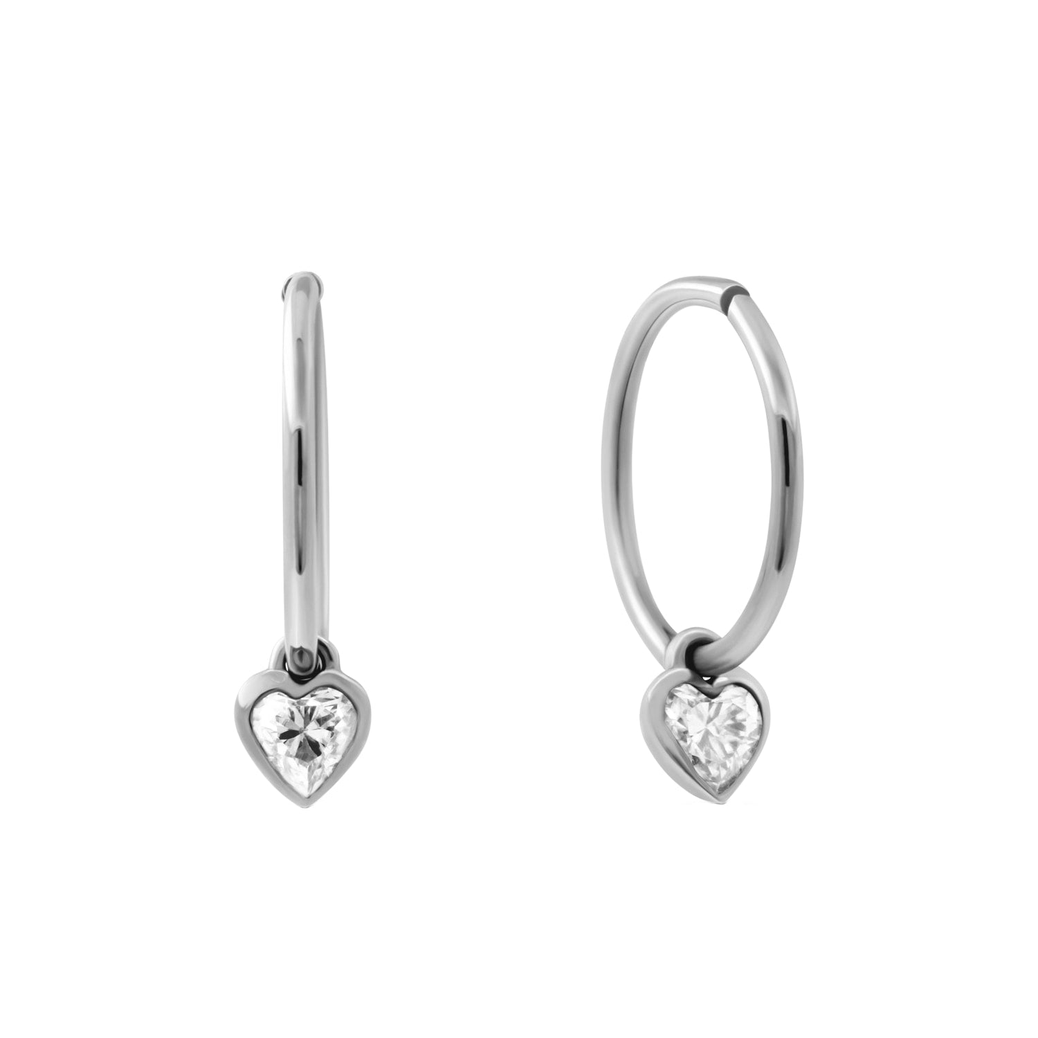 Diamond Heart Clicker Hoop Earrings - Silver
