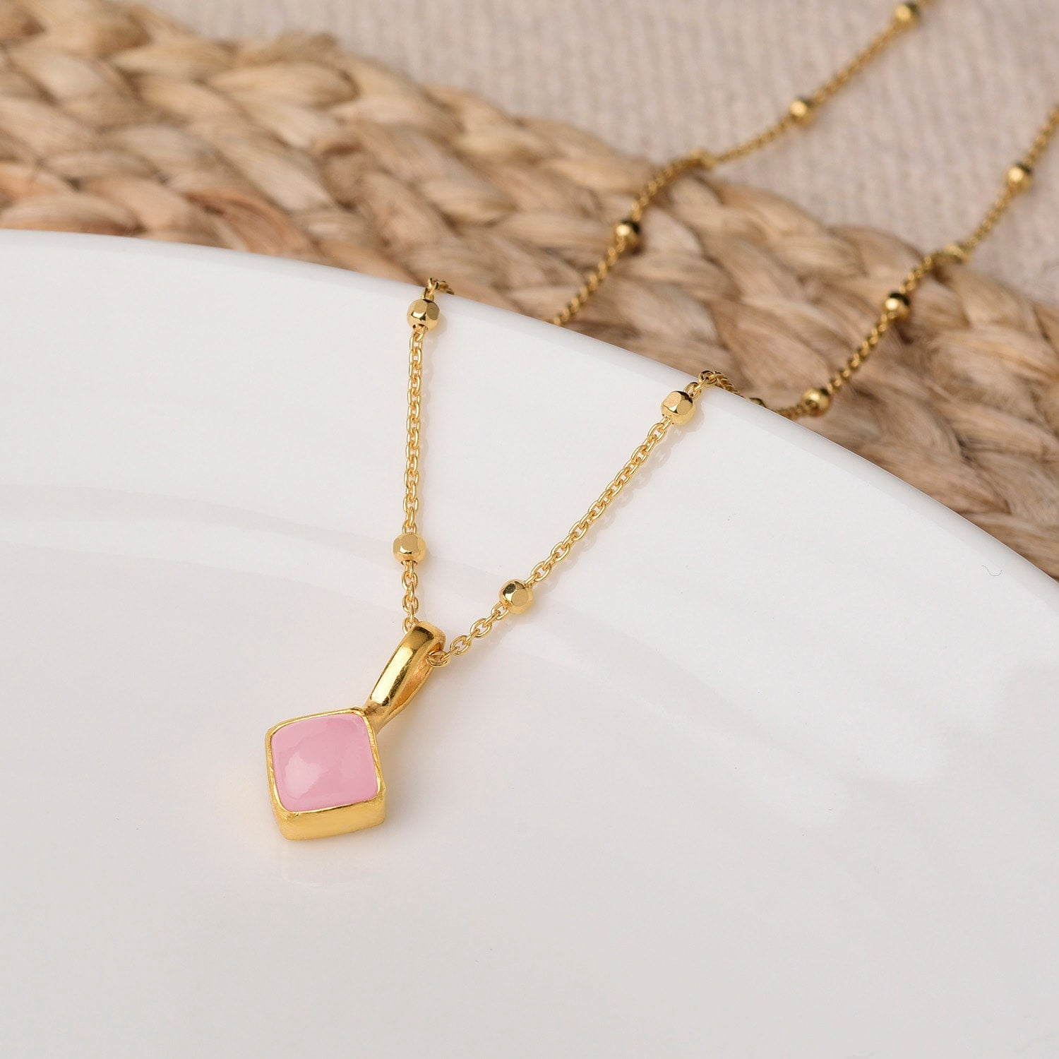 Diamond Pink Opal Necklace Birthstone October Gold Plated Sterling Silver