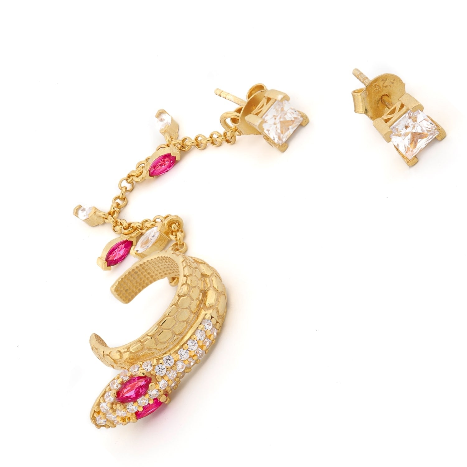 Diamond & Ruby Cuff Snake & Stud Unique Fashion Gold Earrings - Pink