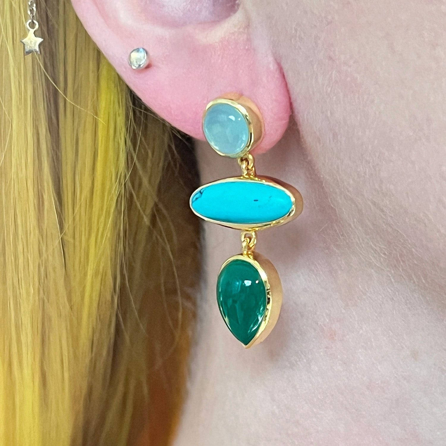 Diva Green Onyx, Aqua Chalcedony & Turquoise Earrings