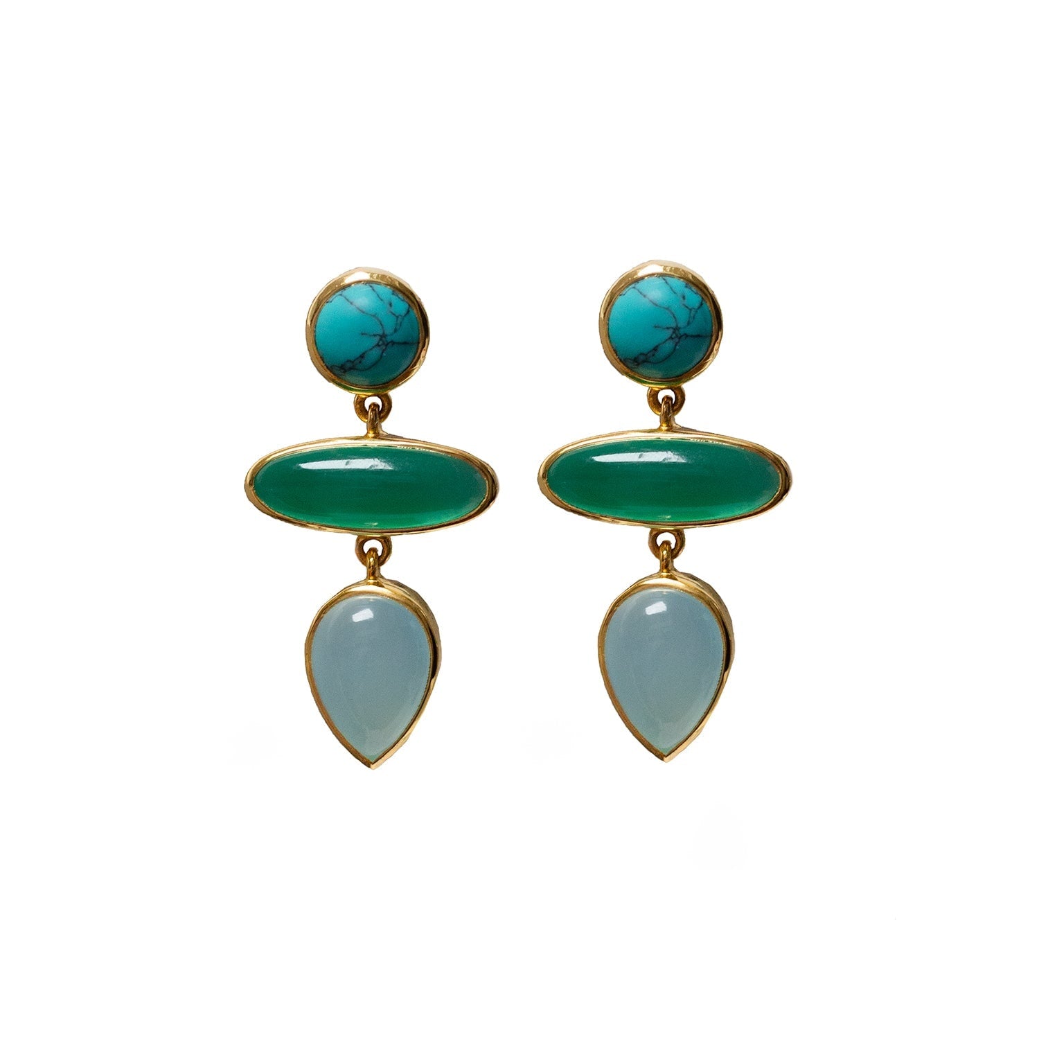 Diva Green Onyx, Aqua Chalcedony & Turquoise Earrings