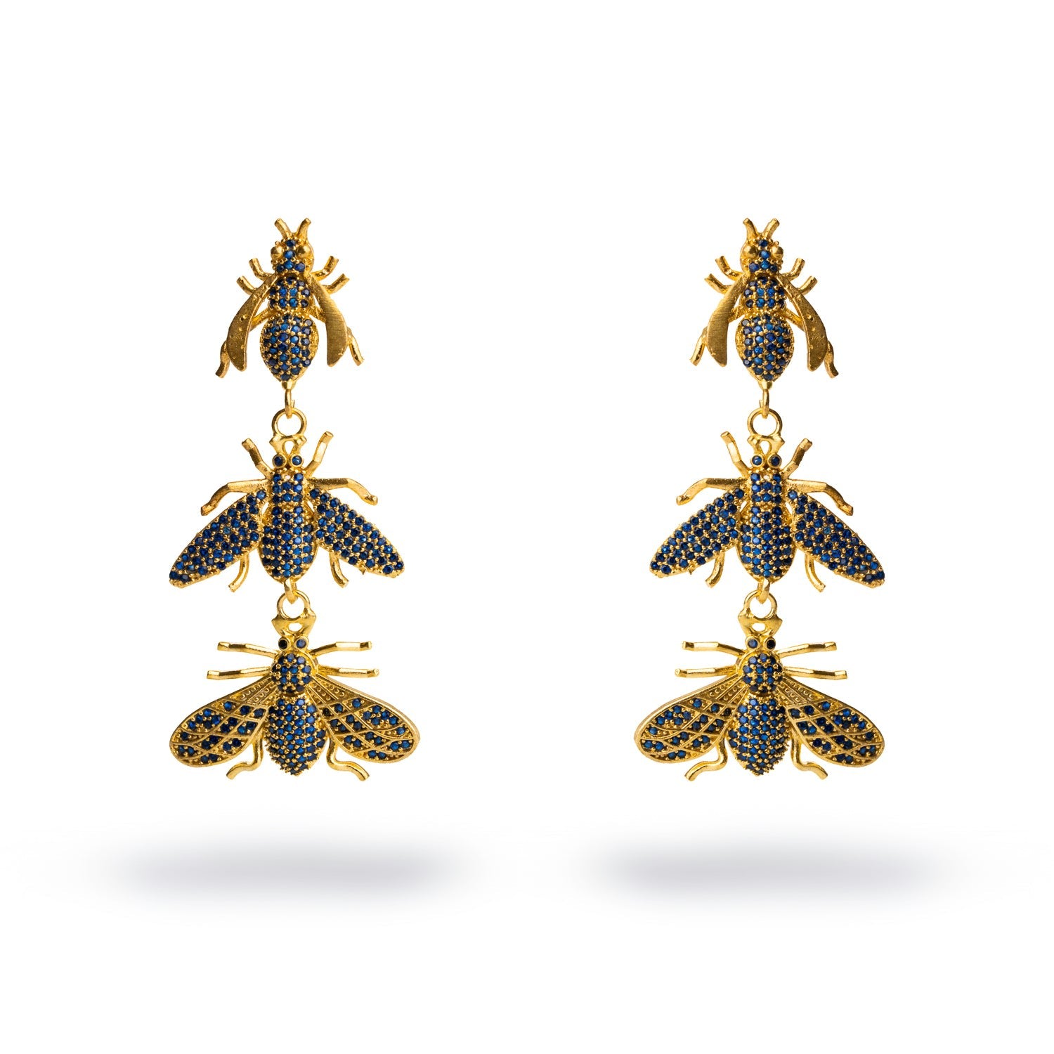 Divine Connection Trio Queen Bee Sapphire & Gold Dangle Earrings - Blue