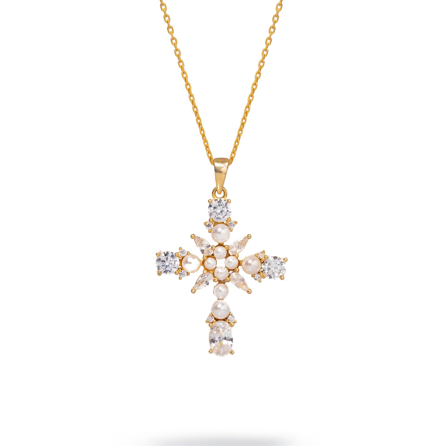 Divine Pearl & Diamond Cross Gold Chain Necklace - White