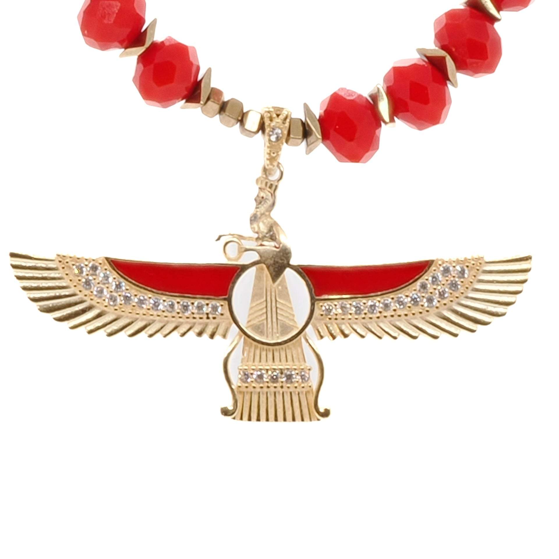 Guardian Angel Faravahar Pendant Good Life Red Beaded Necklace - Red