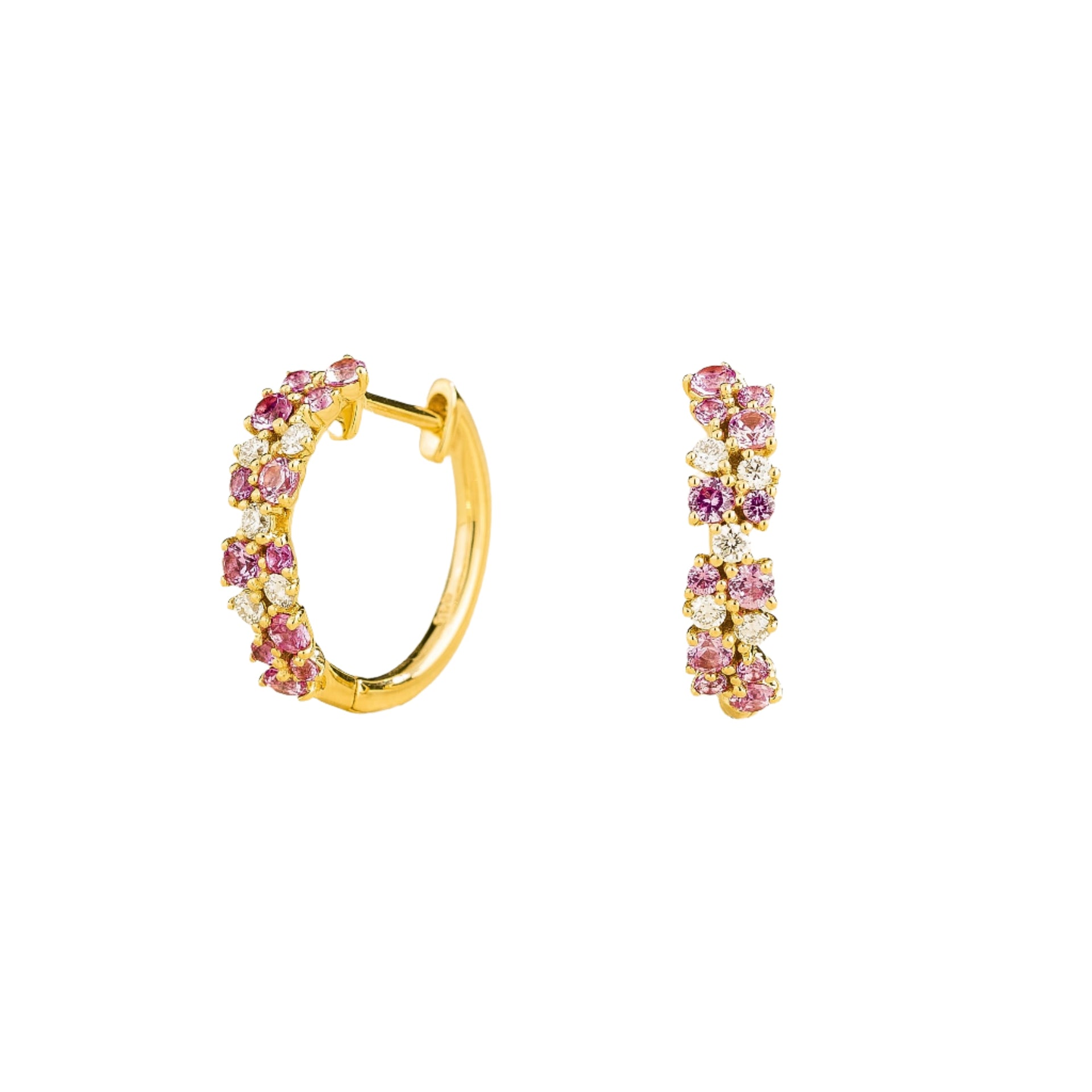 Starry Gold Huggie Earrings Set With Pink Sapphire & Diamonds