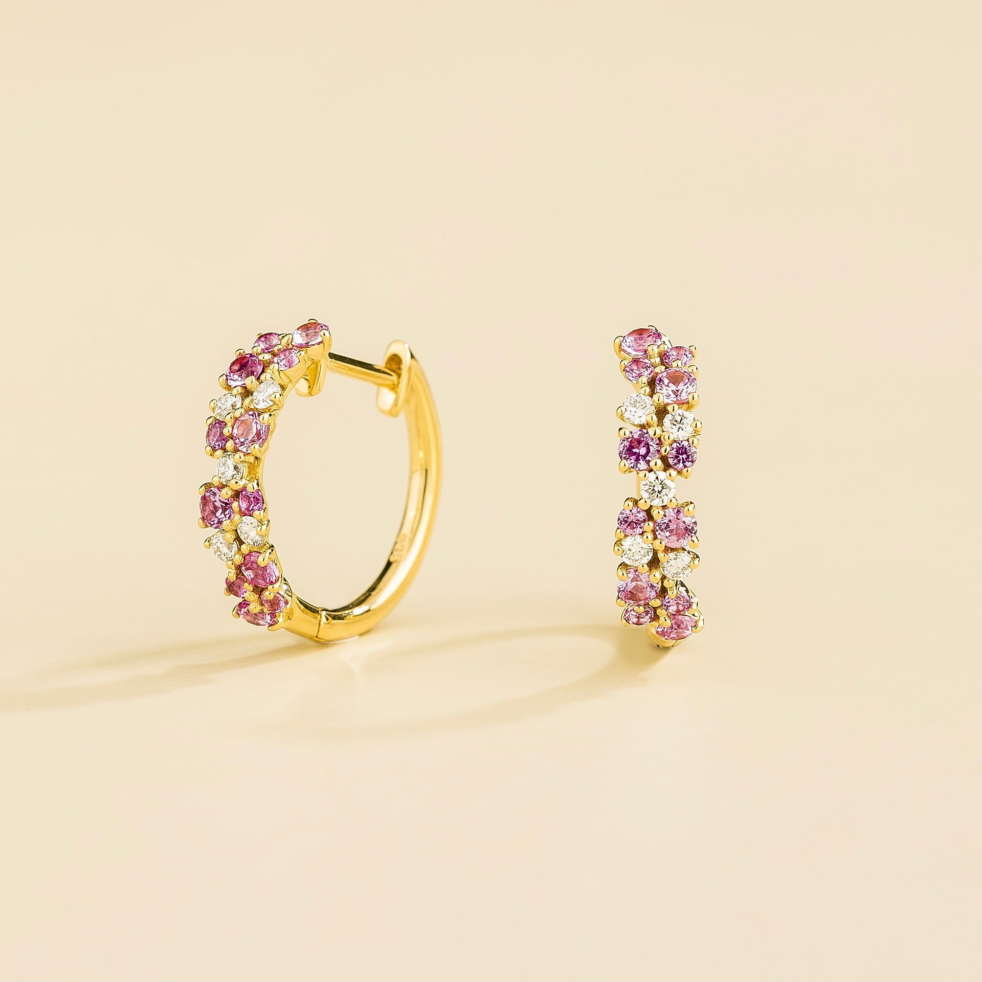 Starry Gold Huggie Earrings Set With Pink Sapphire & Diamonds