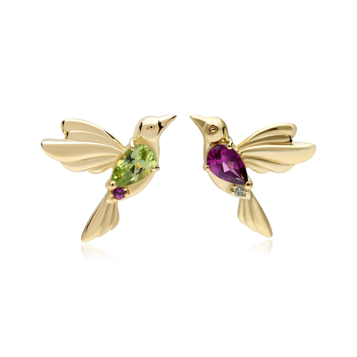 Ecfewtm 18ct Gold Plated Sterling Silver Mismatched Peridot Rhodolite Hummingbird Stud Earrings