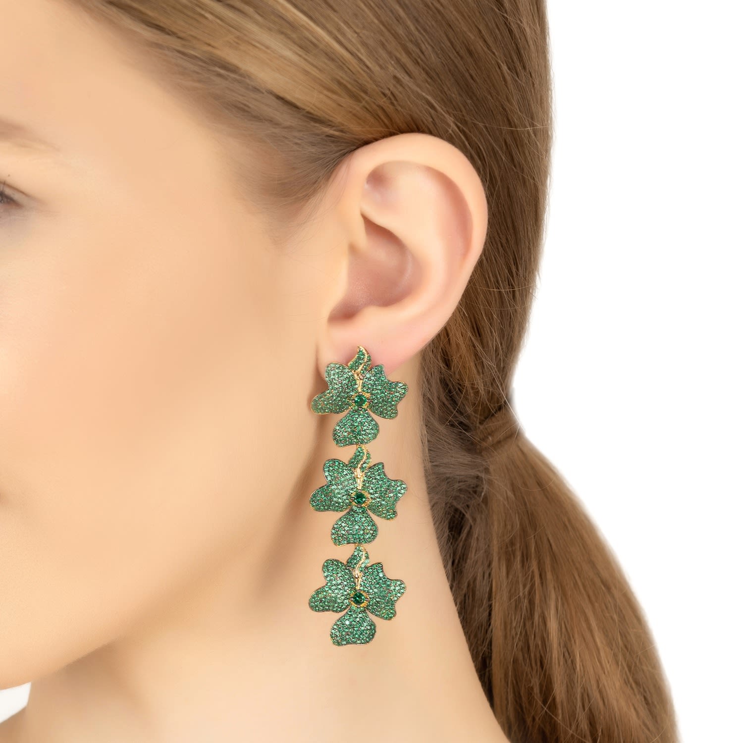 Jasmine Flower Triple Drop Earrings Gold Emerald Green