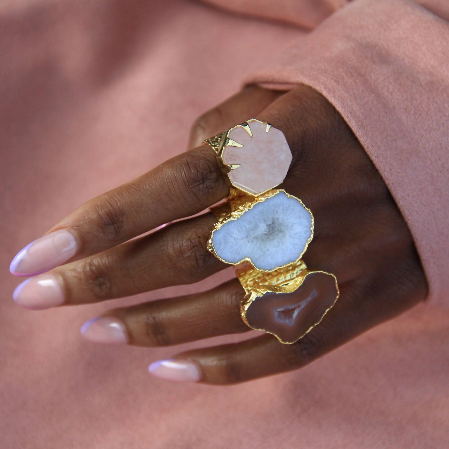 Hold On Rose Quartz Gold Adjustable Statement Ring