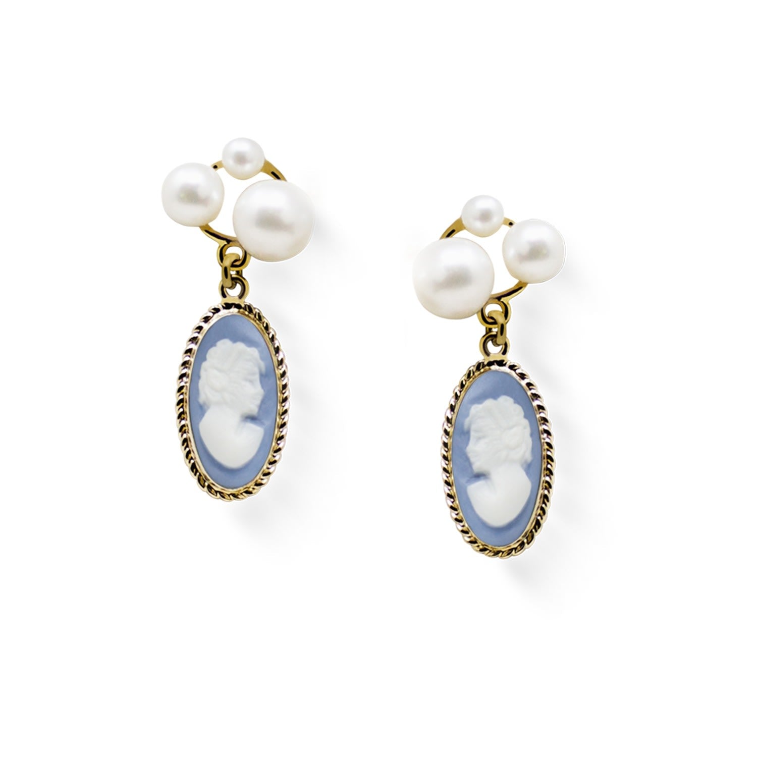 Lilith Gold-Plated Sky Blue Cameo And Pearl Stud Earrings