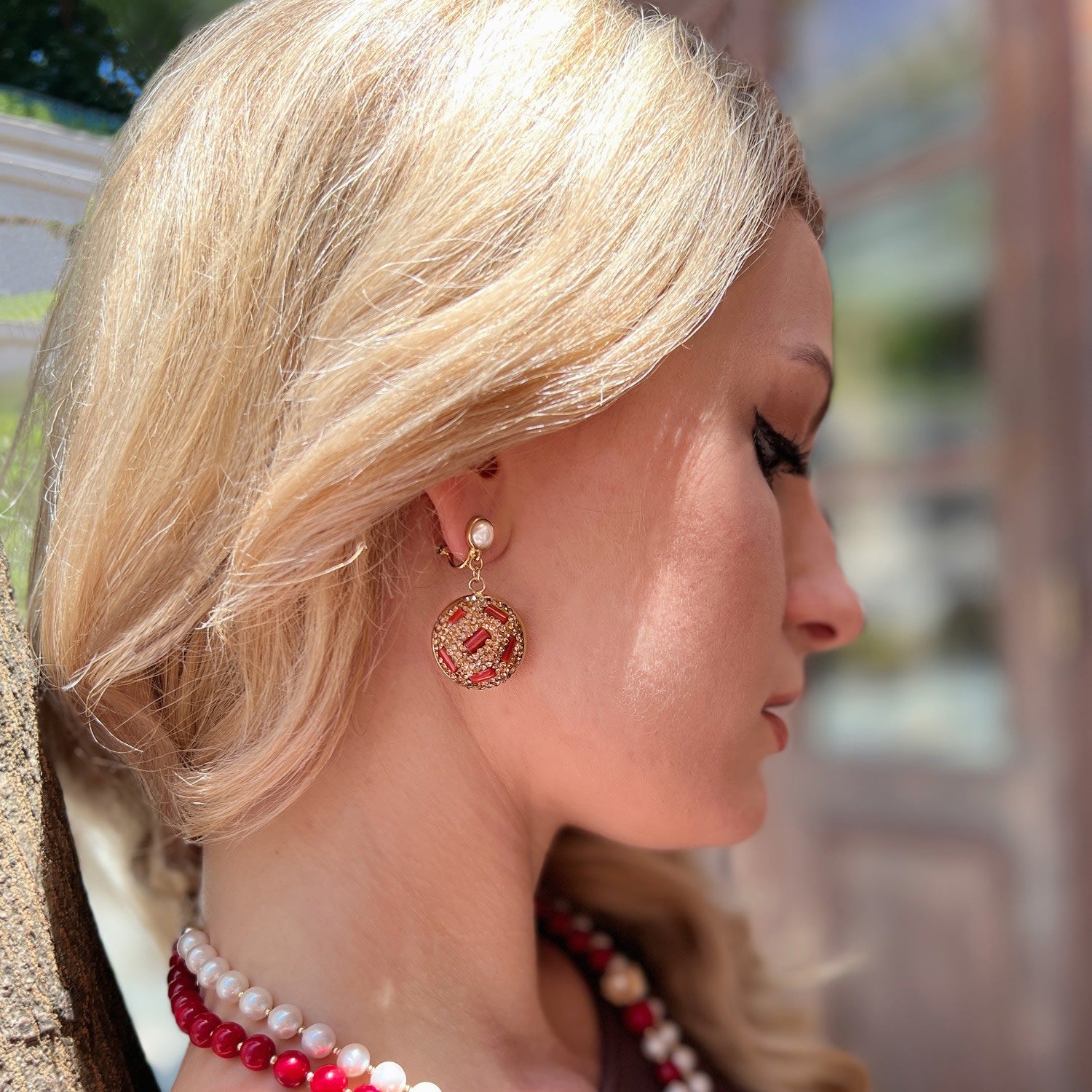 Rhinestones Bordered Corals Clip Earrings