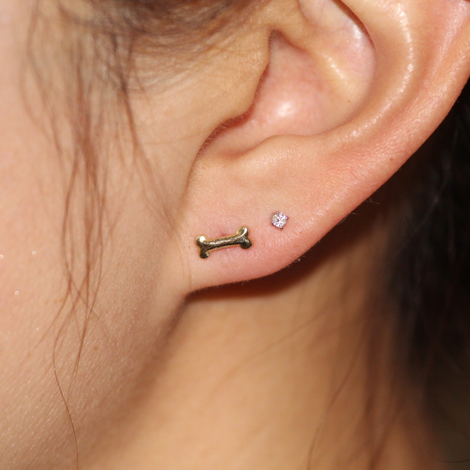 Dog Bone Yellow Solid Gold Stud Earrings