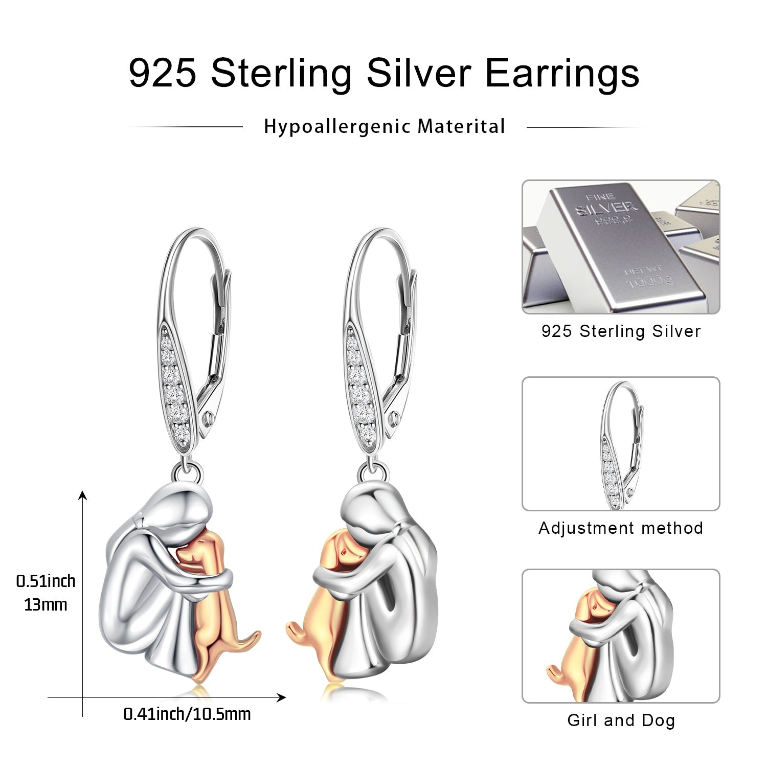 Sterling Silver Two-tone Dog Lever-back Earrings
