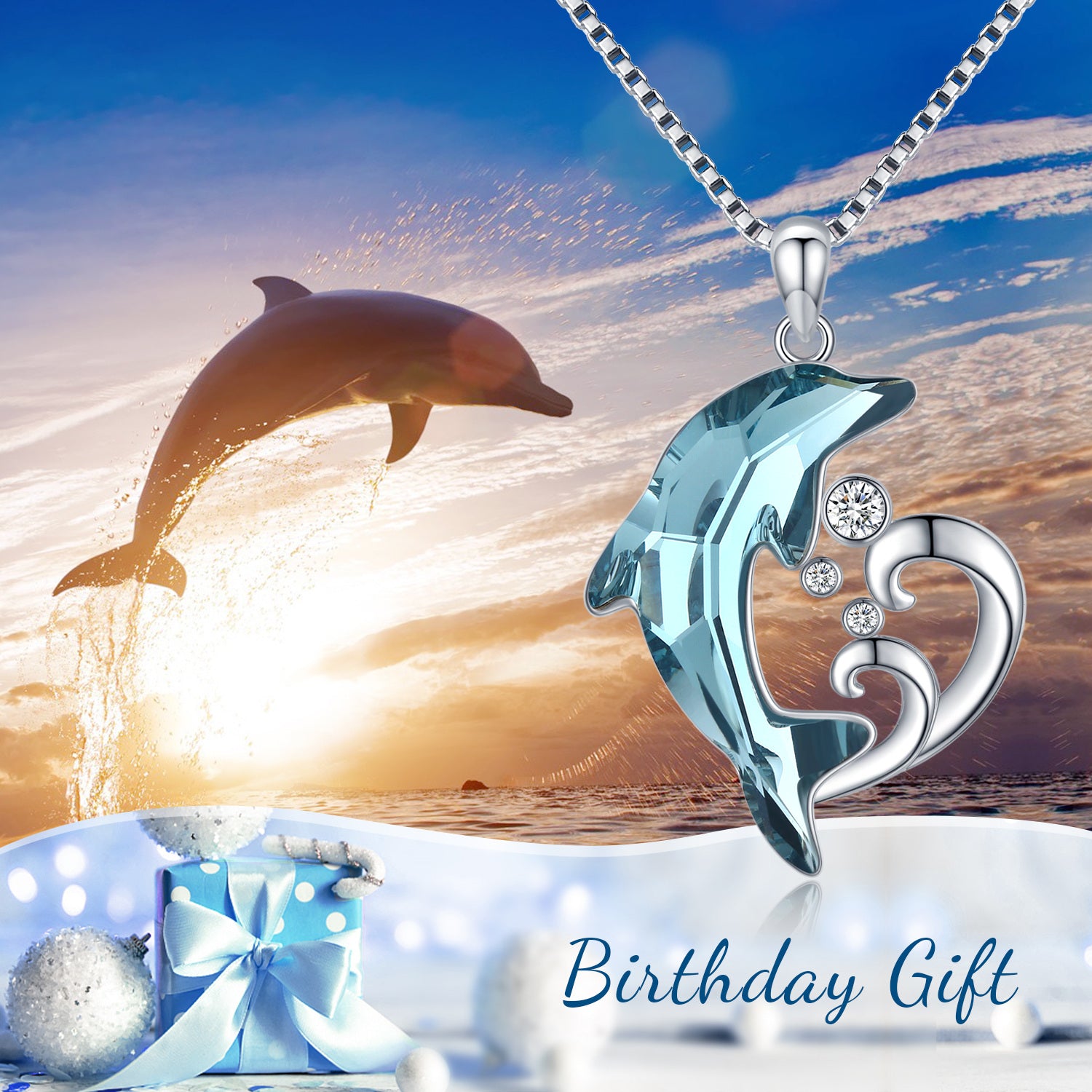 Sterling Silver Crystal Dolphin & Wave Pendant Necklace for women