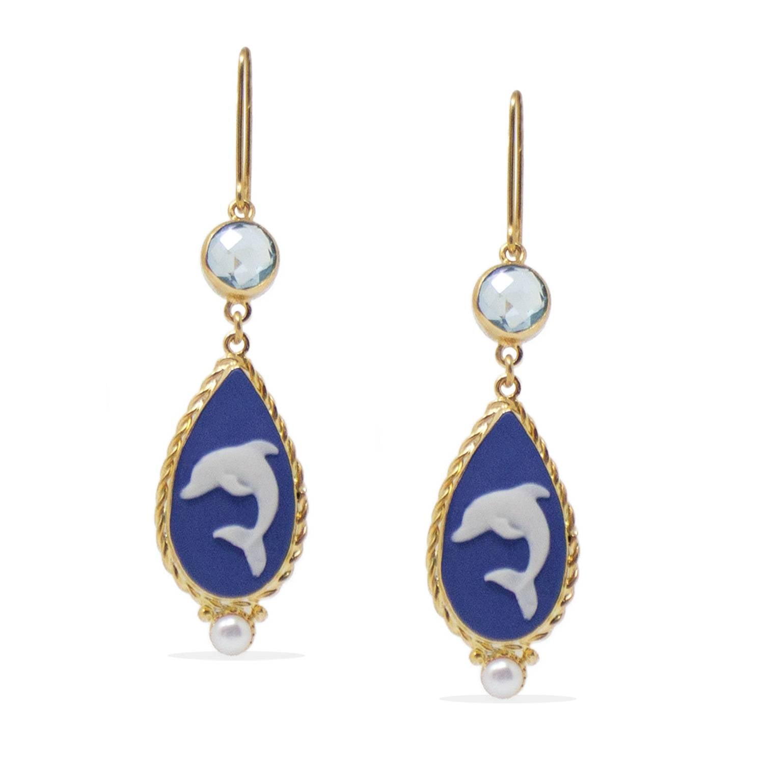 Dolphins Cameo Earrings With Blue Topaz