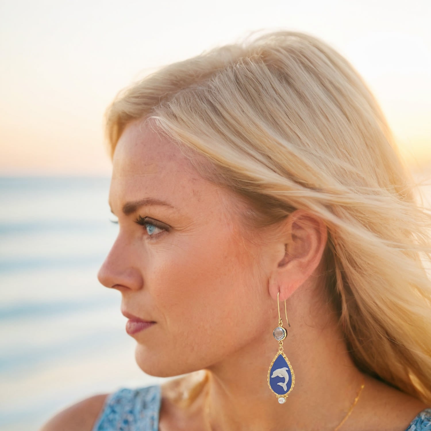 Dolphins Cameo Earrings With Blue Topaz