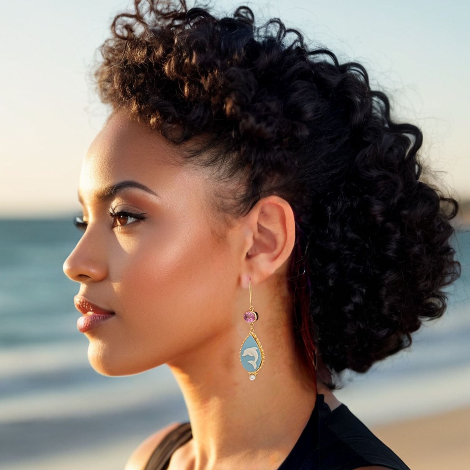 Dolphins Cameo Earrings With Pink Quartz