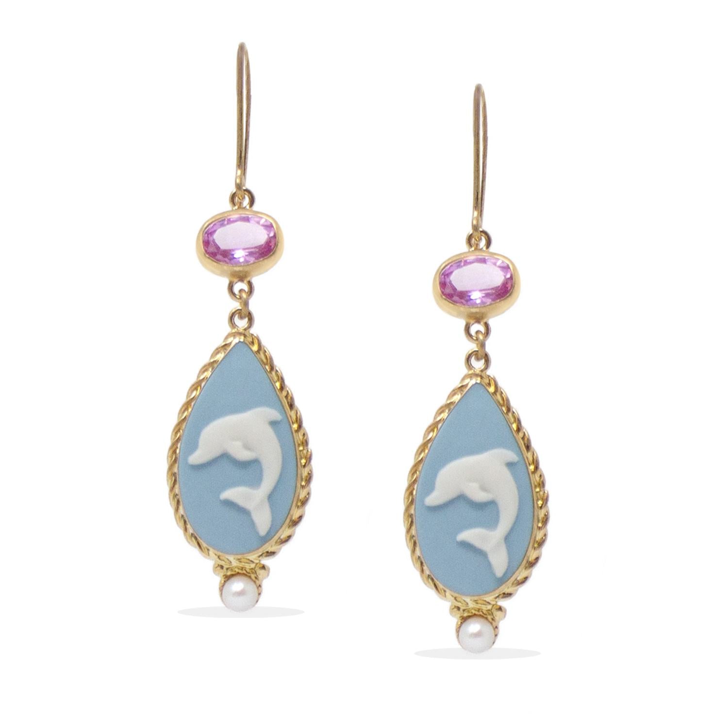 Dolphins Cameo Earrings With Pink Quartz