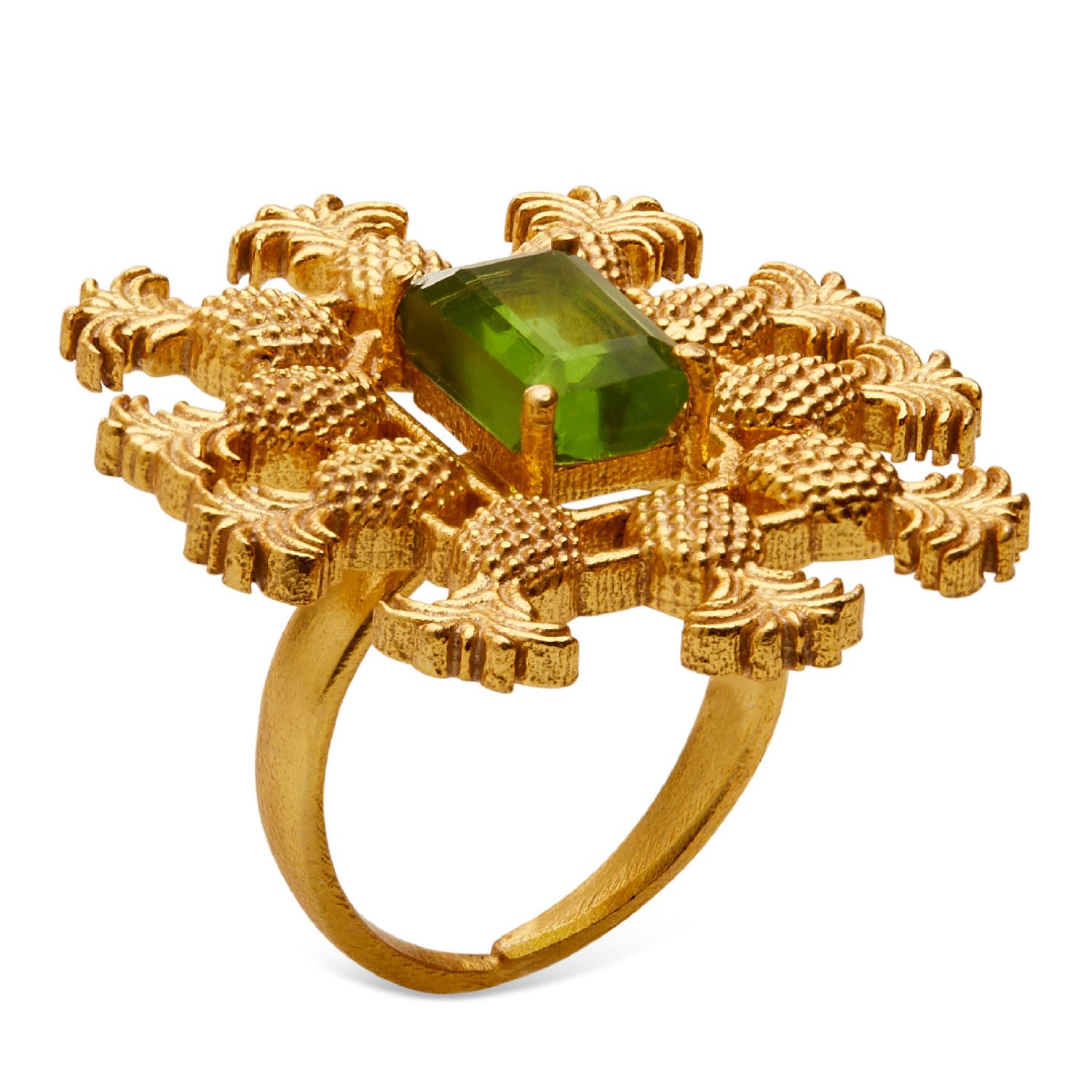 Adjustable Gold Pina Ring With Green Topaz Glass Gems