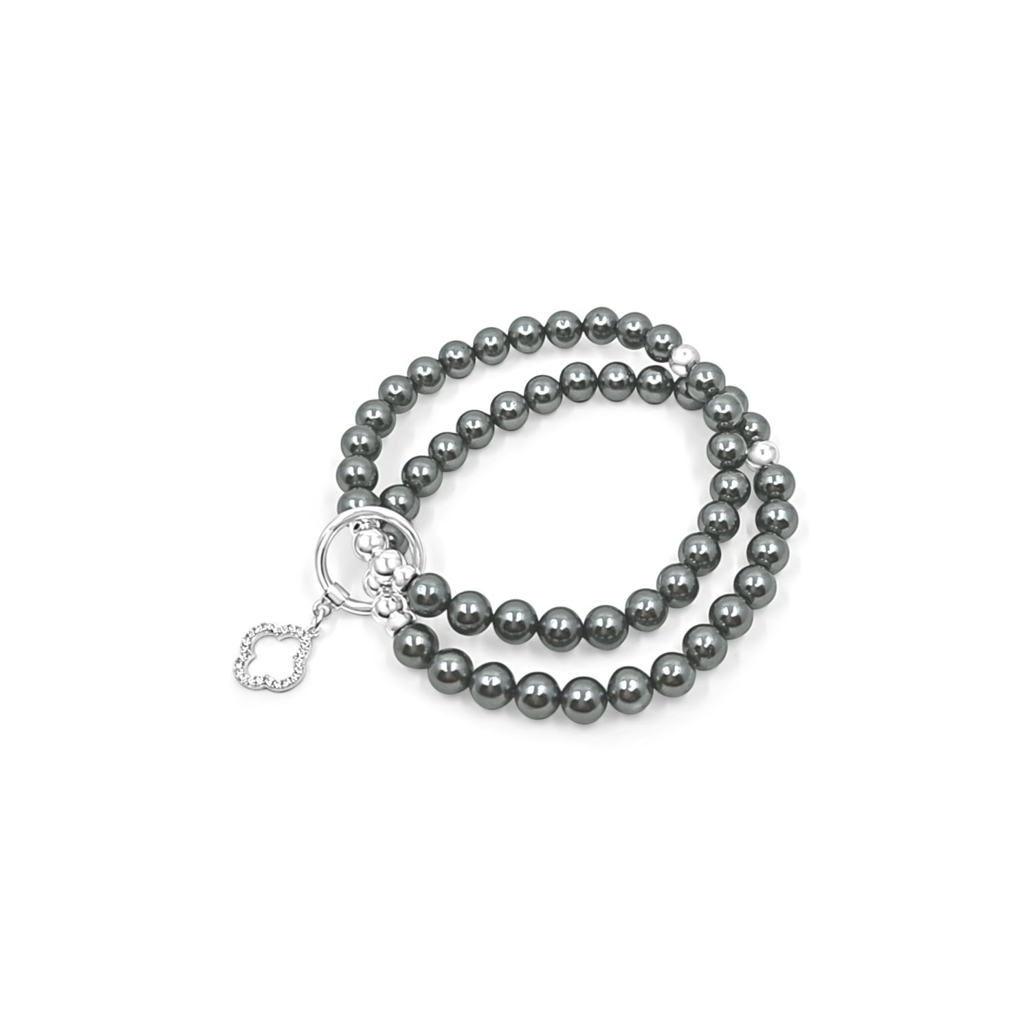 Double Beaded Grey Shell Pearl With Clover Cz Bracelet