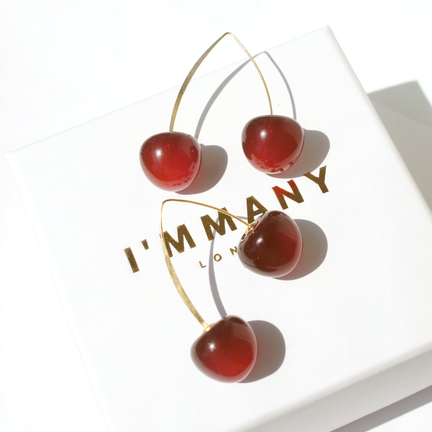 Double Cherry Drop Earrings With Golden Stems