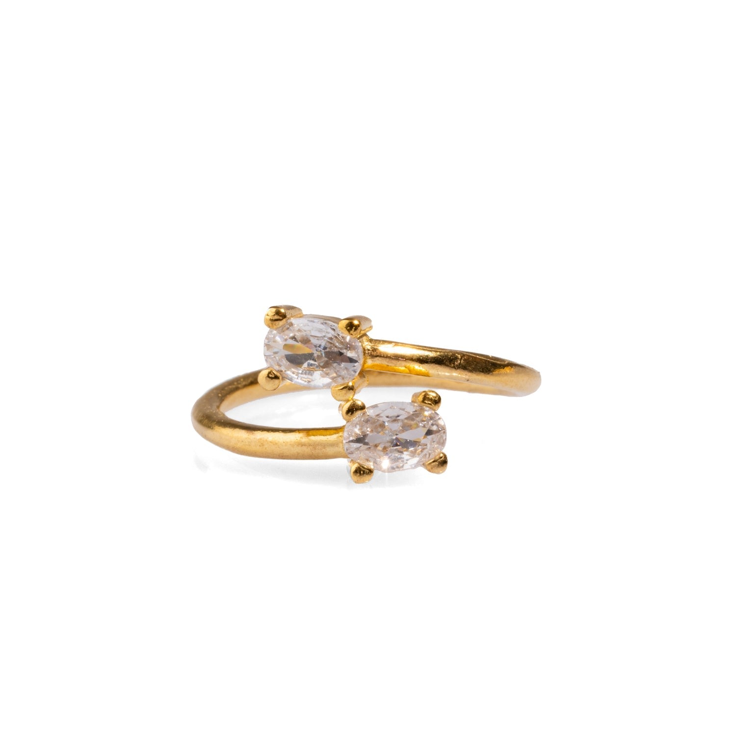 Double Diamond Stone & Gold Dainty Adjustable Ring - Gold