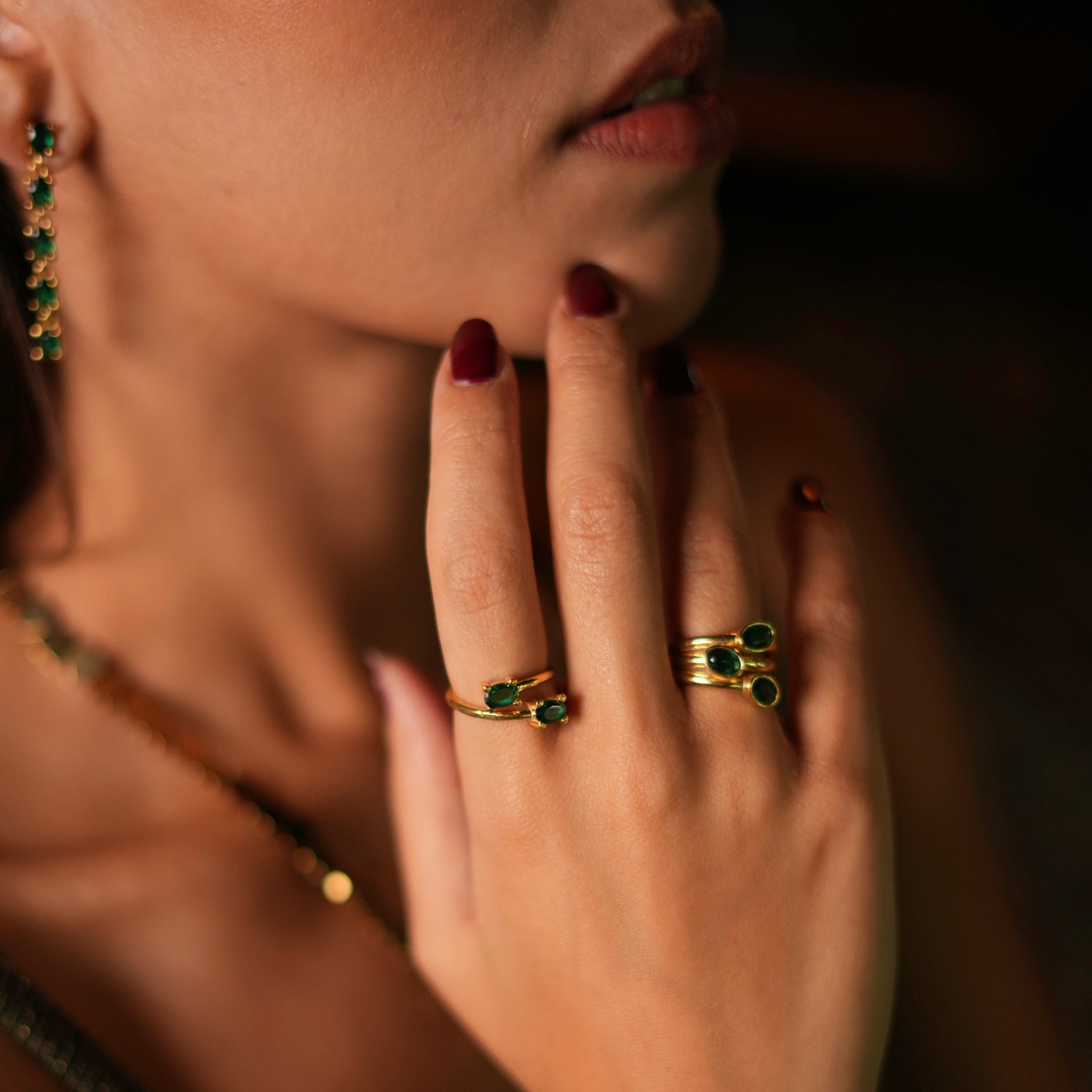 Double Emerald Stone & Gold Dainty Adjustable Ring - Green