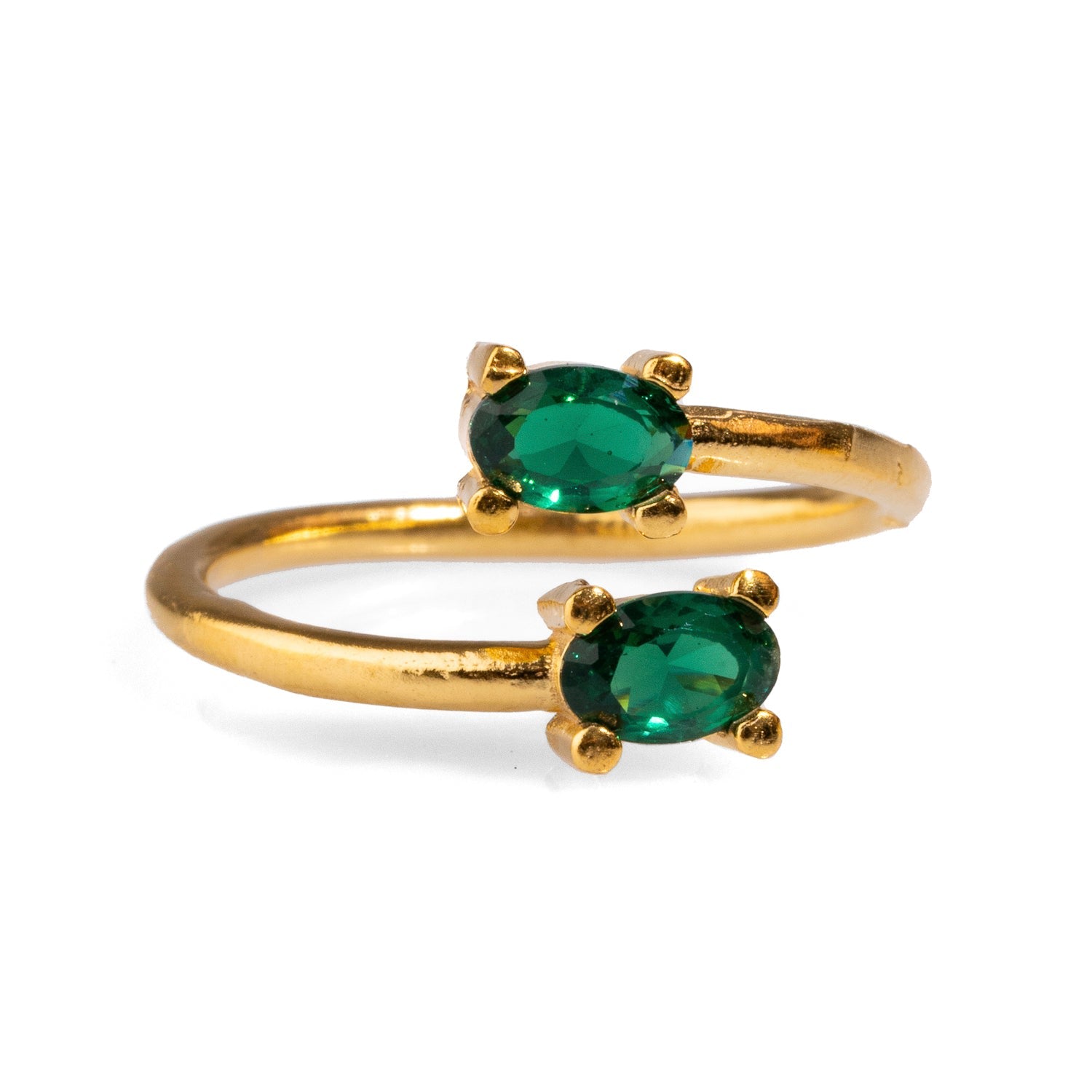 Double Emerald Stone & Gold Dainty Adjustable Ring - Green