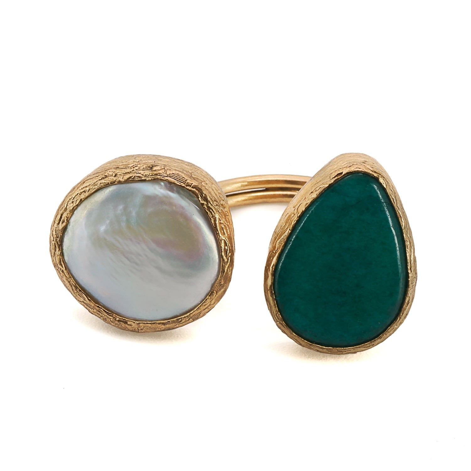 Double Gemstone Pearl & Jade Gaia Ring - Green