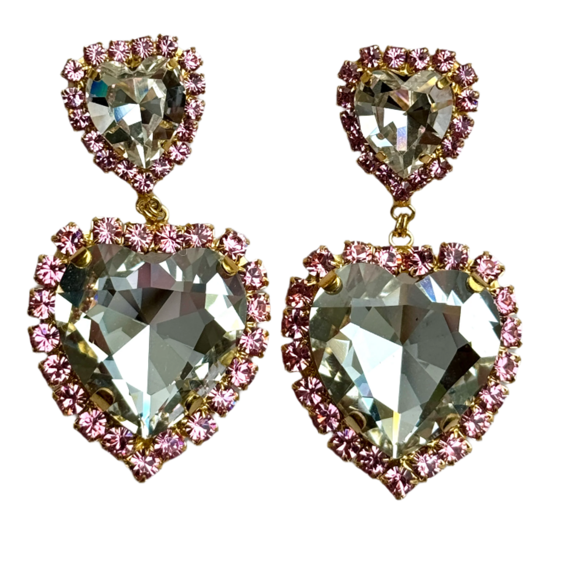 Double Heart Pink Crystal Post Earrings