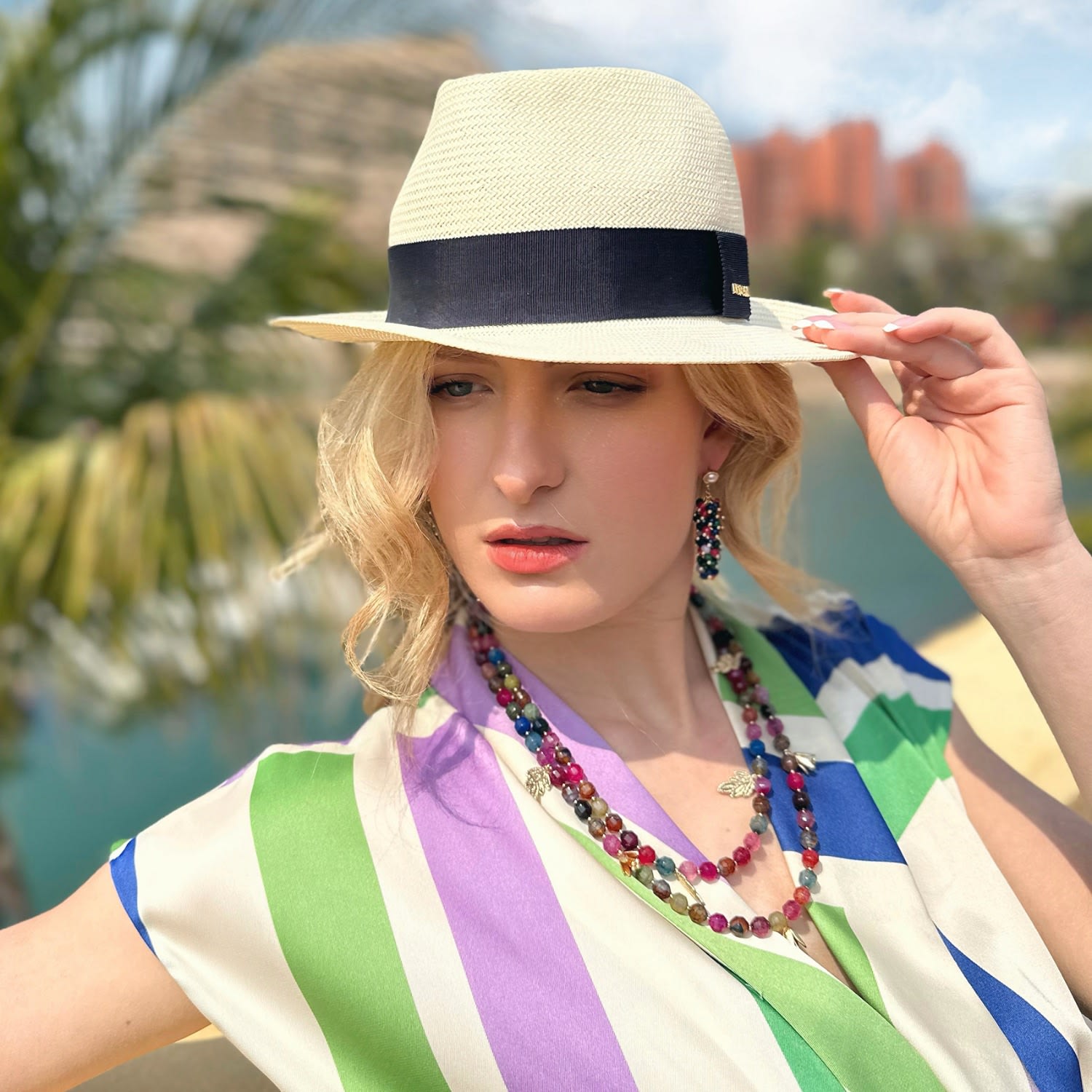 Double Layers Agate Necklace With Flower And Leaves Charms