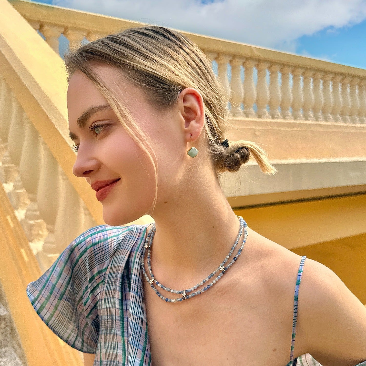 Double Layers Faceted Blue Kyanite With Zircon Stone Collar Necklace