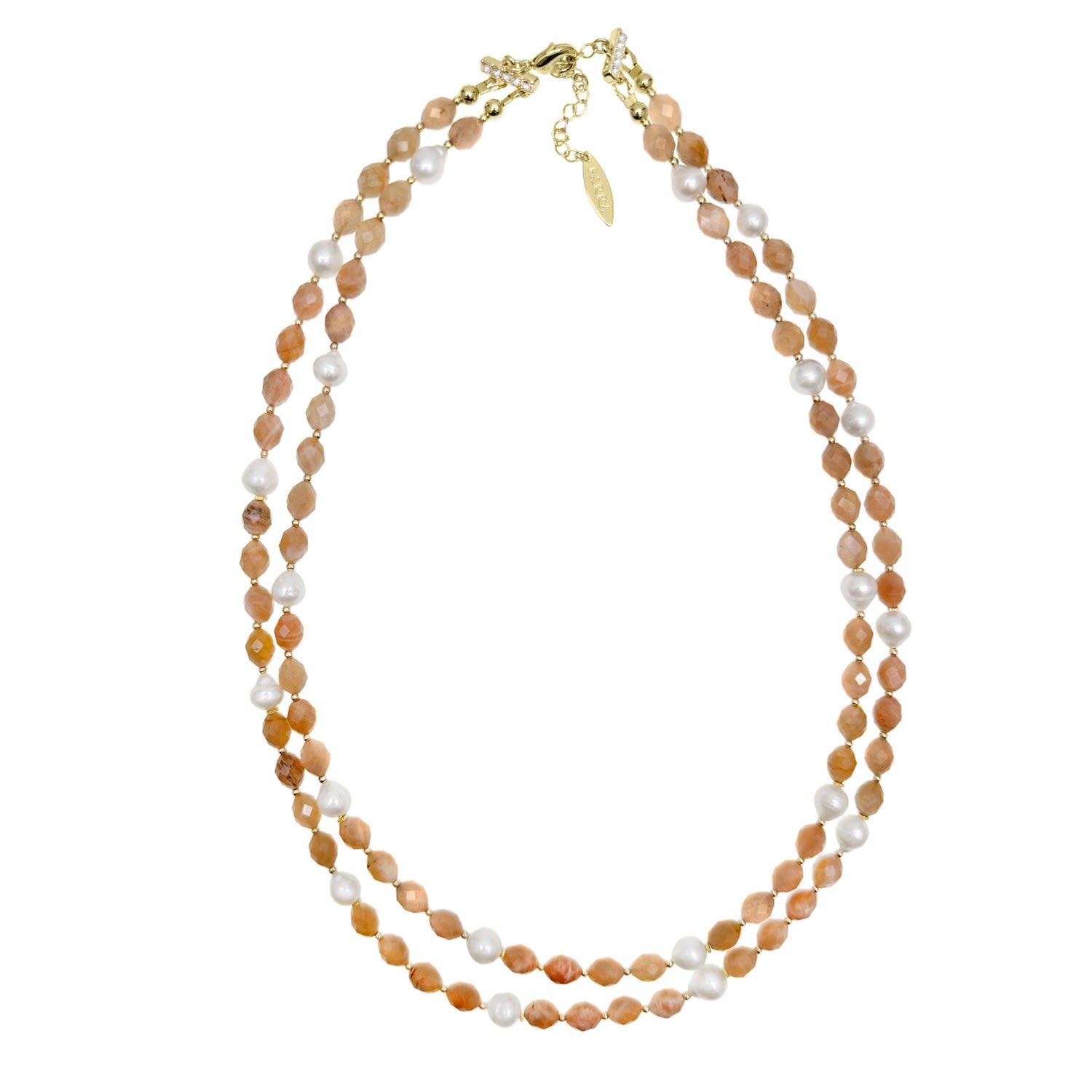 Double Layers Orange Moonstone With Freshwater Pearls Necklace